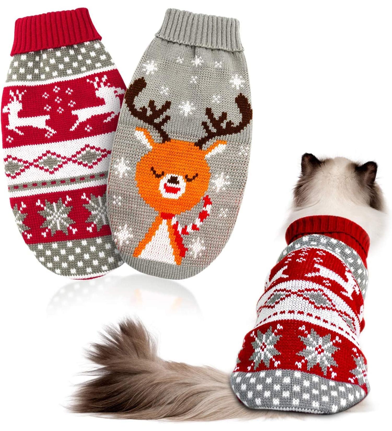 HYLYUN 2-Piece Christmas Cat & Dog Sweater - Warm Knitwear with Snowflakes & Reindeer Motif for Small Dogs & Cats - Ideal Winter Coat & Christmas Costume - Buy Online on GoSupps.com