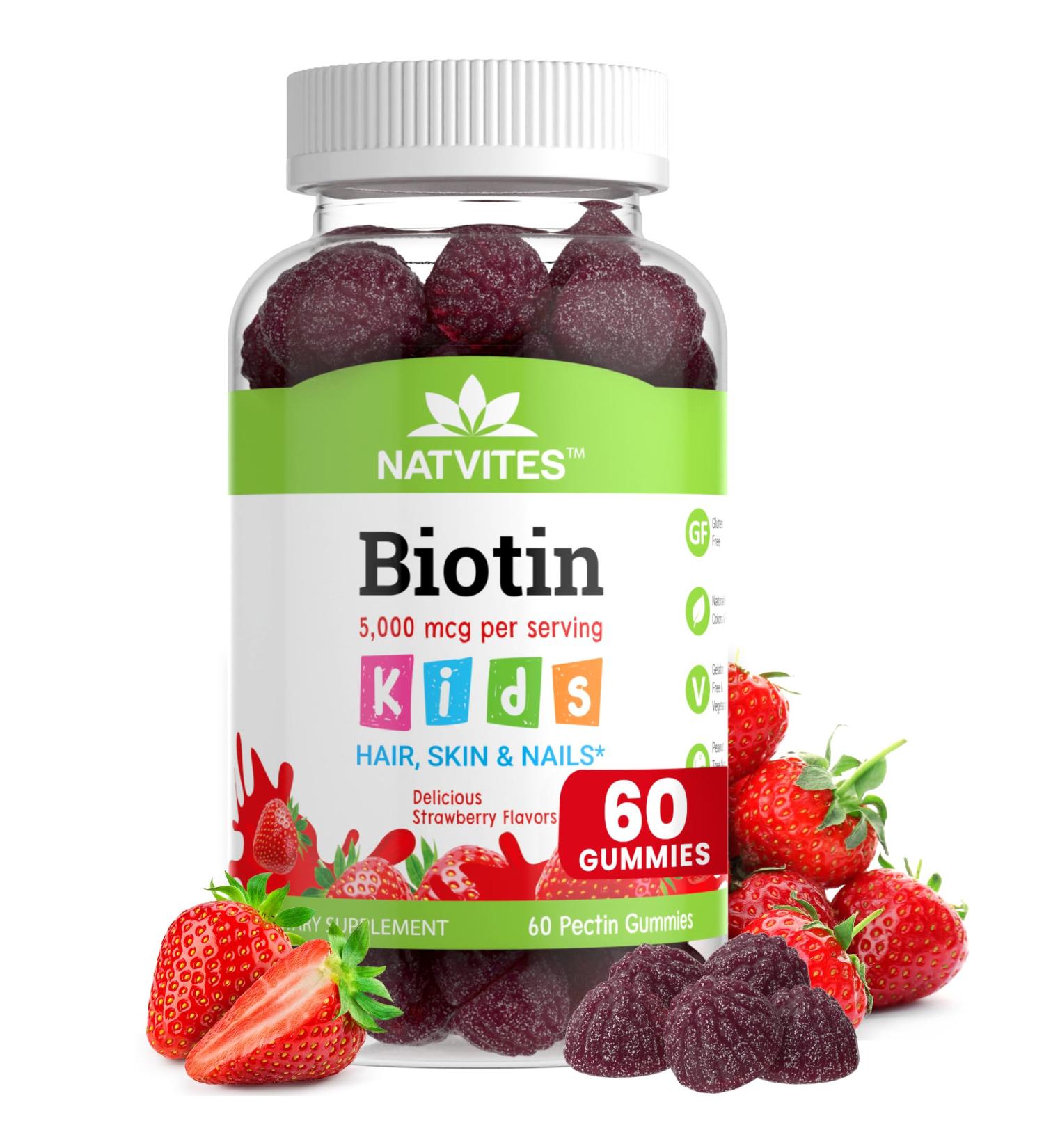 Natvites Kids Biotin Gummies for Hair Growth Support - Biotin 5000mcg Kids Hair Skin & Nails Gummies for Boys and Girls - Vegetarian Gluten Free Vitamin B7 - Hair Nails & Skin Vitamins (60 Count) - Buy Online on GoSupps.com