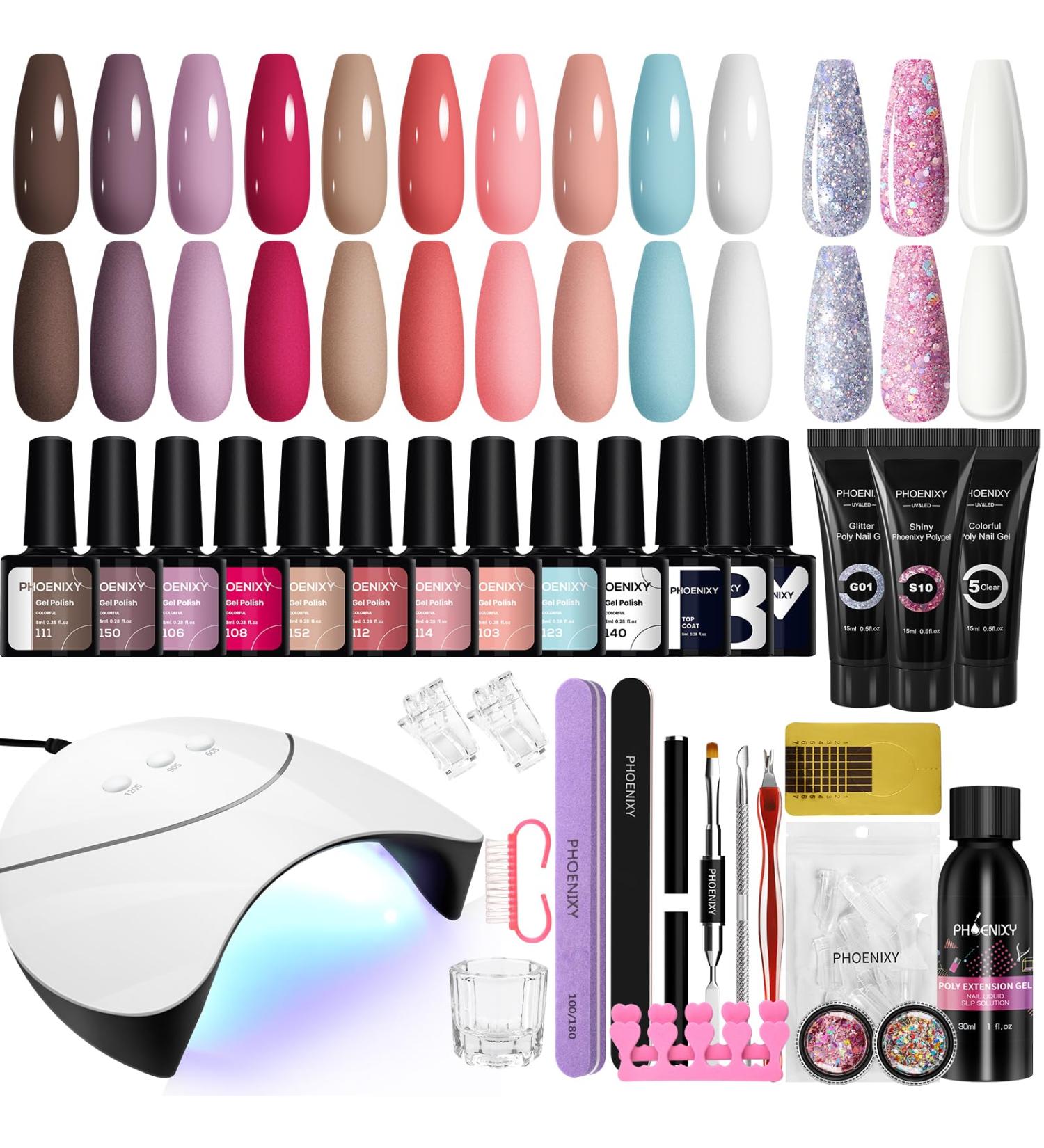 Phoenixy Gel Nail Polish Set with 36W UV Lamp Starter Kit - Complete Women's Poly Nail Gel Kit - 13+3pcs Gift Set - Buy Online on GoSupps.com