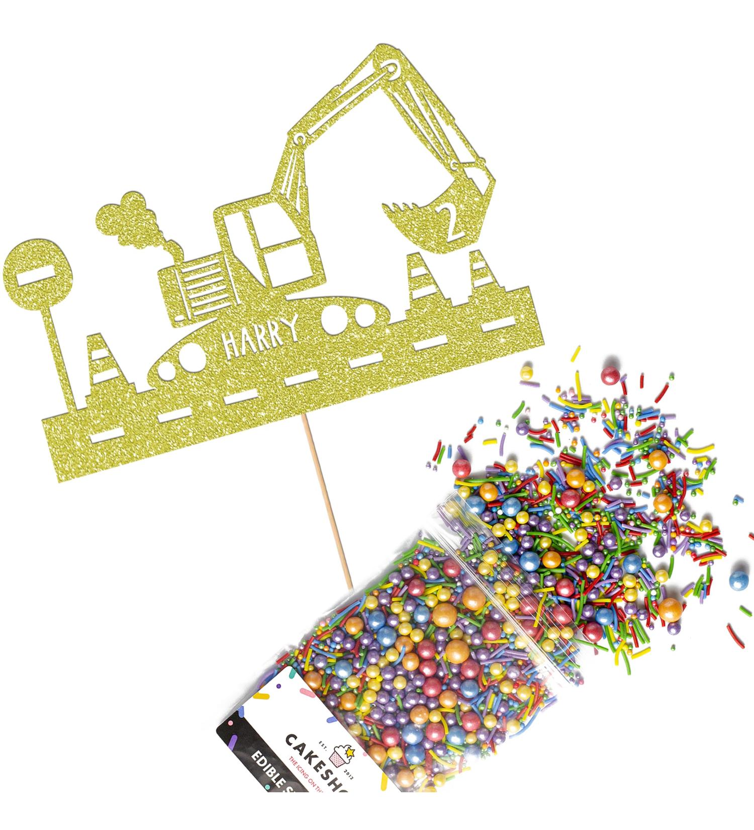 Cakeshop Cake Decoration Pack | Construction Digger Premium Double Sided Glitter Card Cake Topper & 25g Party Pack of Cake Sugar Sprinkles | Custom Name & Age Cake Decorations (Champagne) Prime Glitter Card: Champagne - Buy Online on GoSupps.com