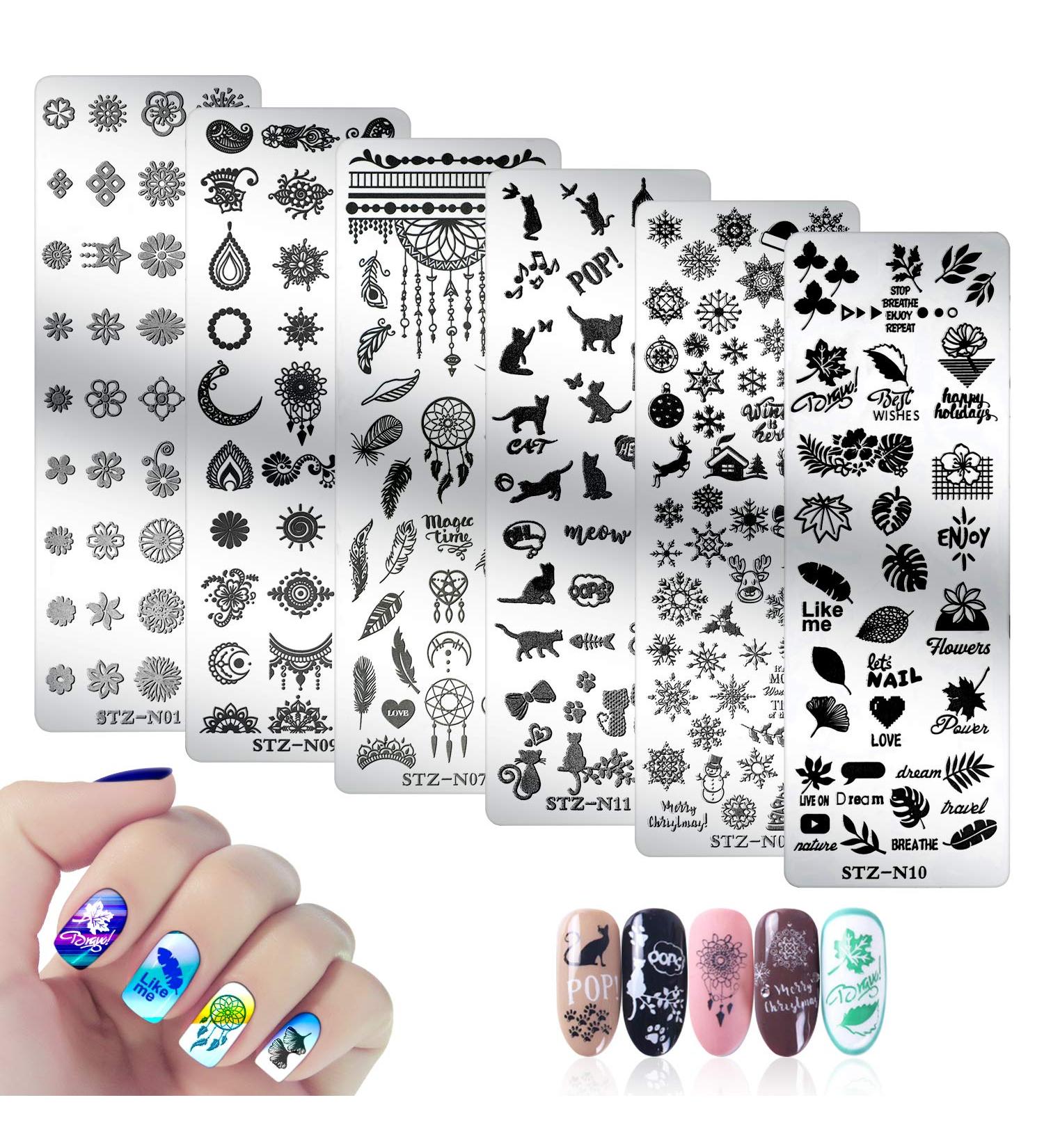 Mwoot 6Pcs Nail Art Stamping Plate Set - Cat, Feather, Snowflakes, Leaves Theme Manicure Print Tool - Buy Online on GoSupps.com