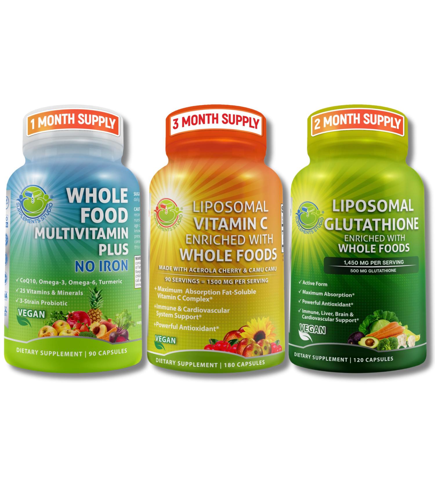 Immune & Daily Wellness Support Bundle for Women & Men Liposomal Vitamin C 1500mg + Vegan Whole Food Multivitamin No Iron + Liposomal Glutathione 500mg Vegan Non-GMO Clean Daily Wellness Support - Buy Online on GoSupps.com