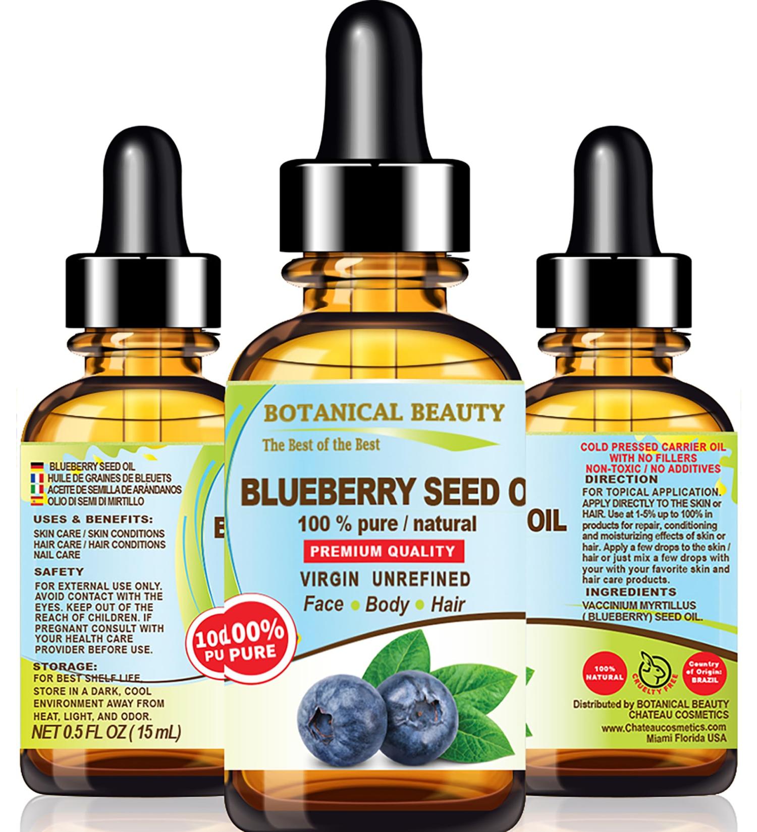 Botanical Beauty Blueberry Seed Oil - 100% Pure Natural Virgin Unrefined - Cold Pressed 0.5 Fl. Oz. for Face Skin Body Hair & Nails - Anti-Aging - Buy Online on GoSupps.com