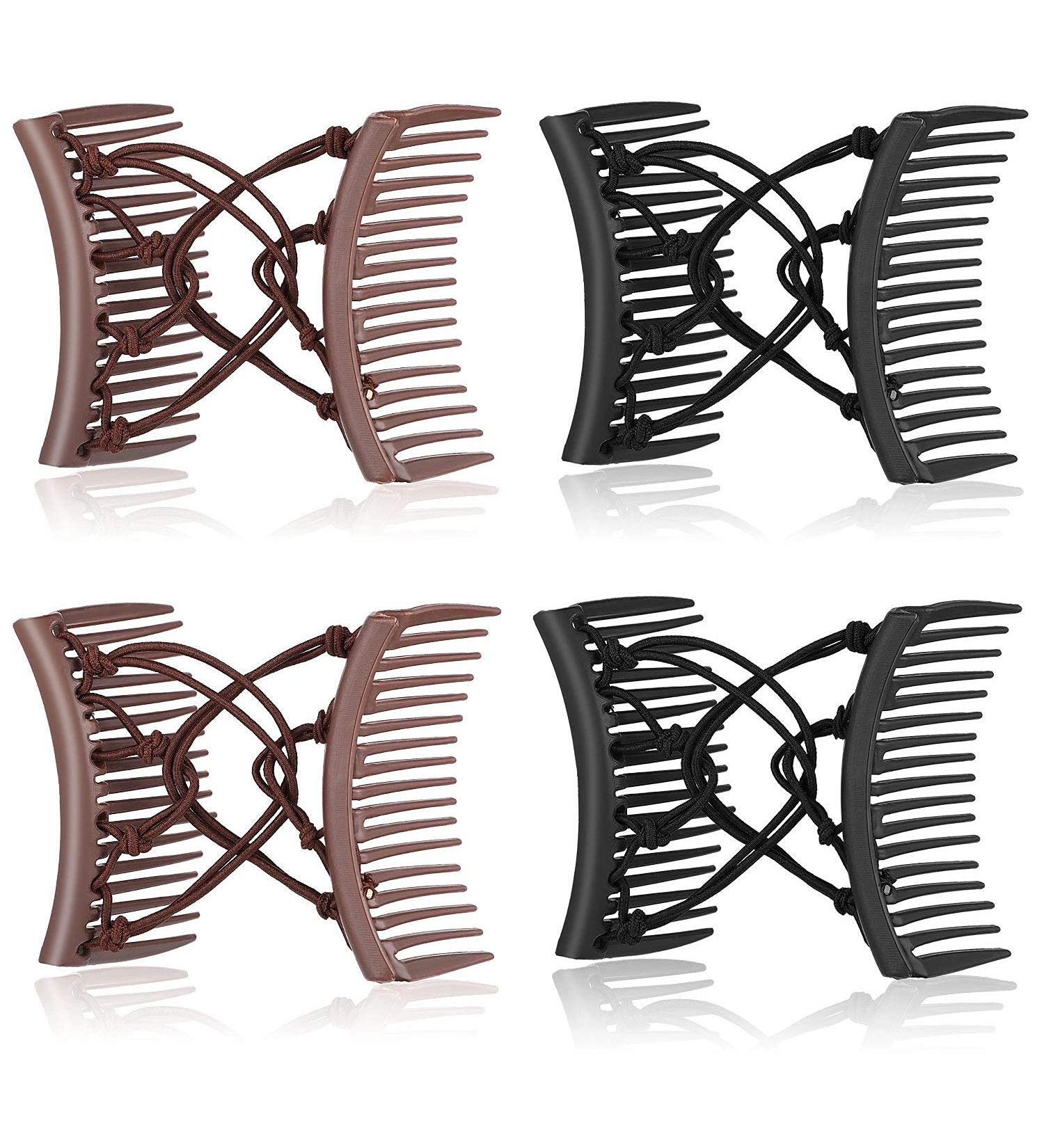 4-Piece Stretchy Double Comb Hair Clip Set - Adjustable Elastic Hair Pins for Women with Curly, Thick, Wavy Hair - No Crease Ponytail Accessories (Black/Coffee) - Buy Online on GoSupps.com