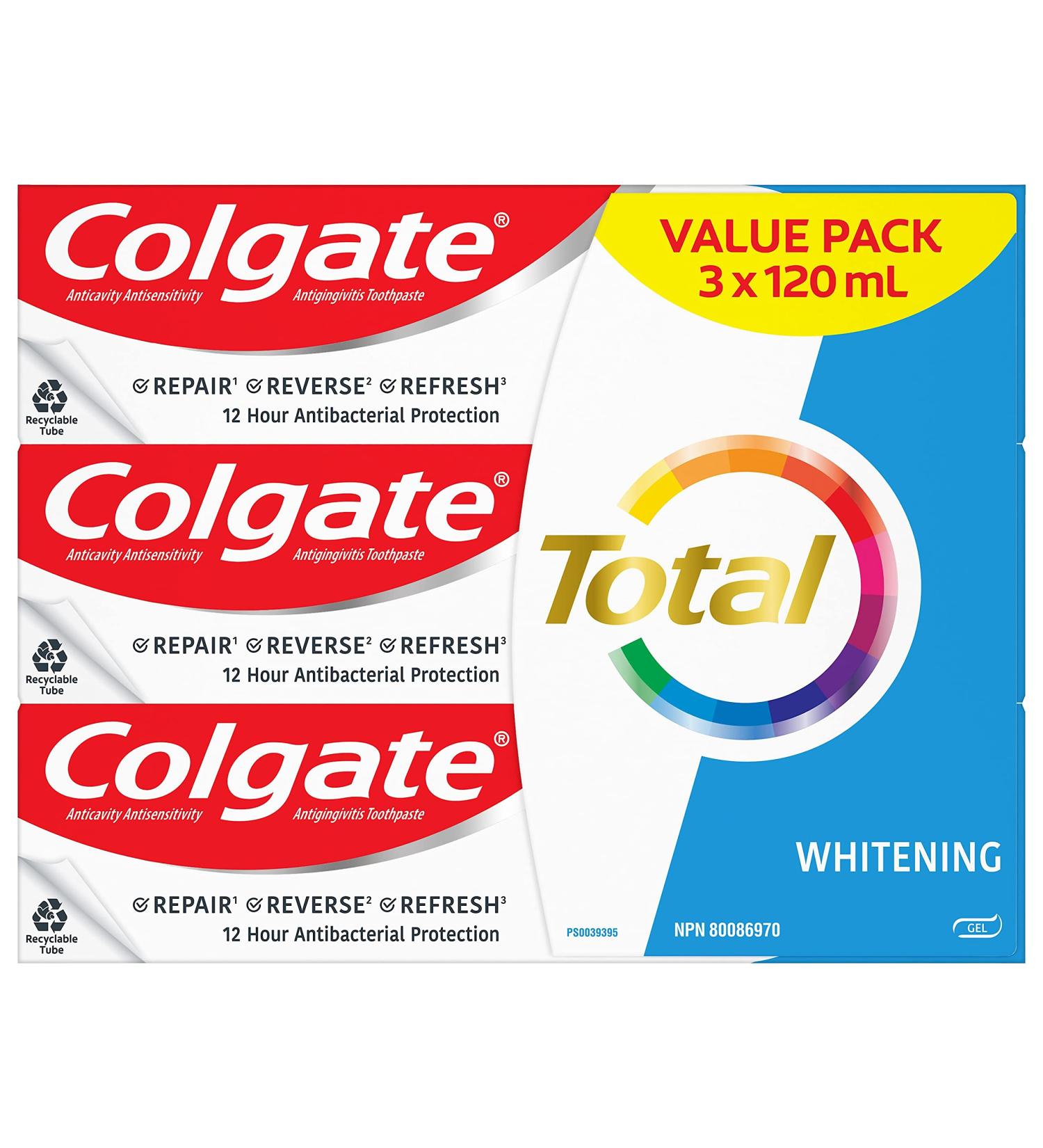 Colgate Total Whitening Toothpaste - 3 Pack 120 mL Fluoride Teeth Whitening Toothpaste Stain Removal with Tartar Protection Brightens Your Smile Prevents Cavities Protects Sensitive Teeth - Buy Online on GoSupps.com