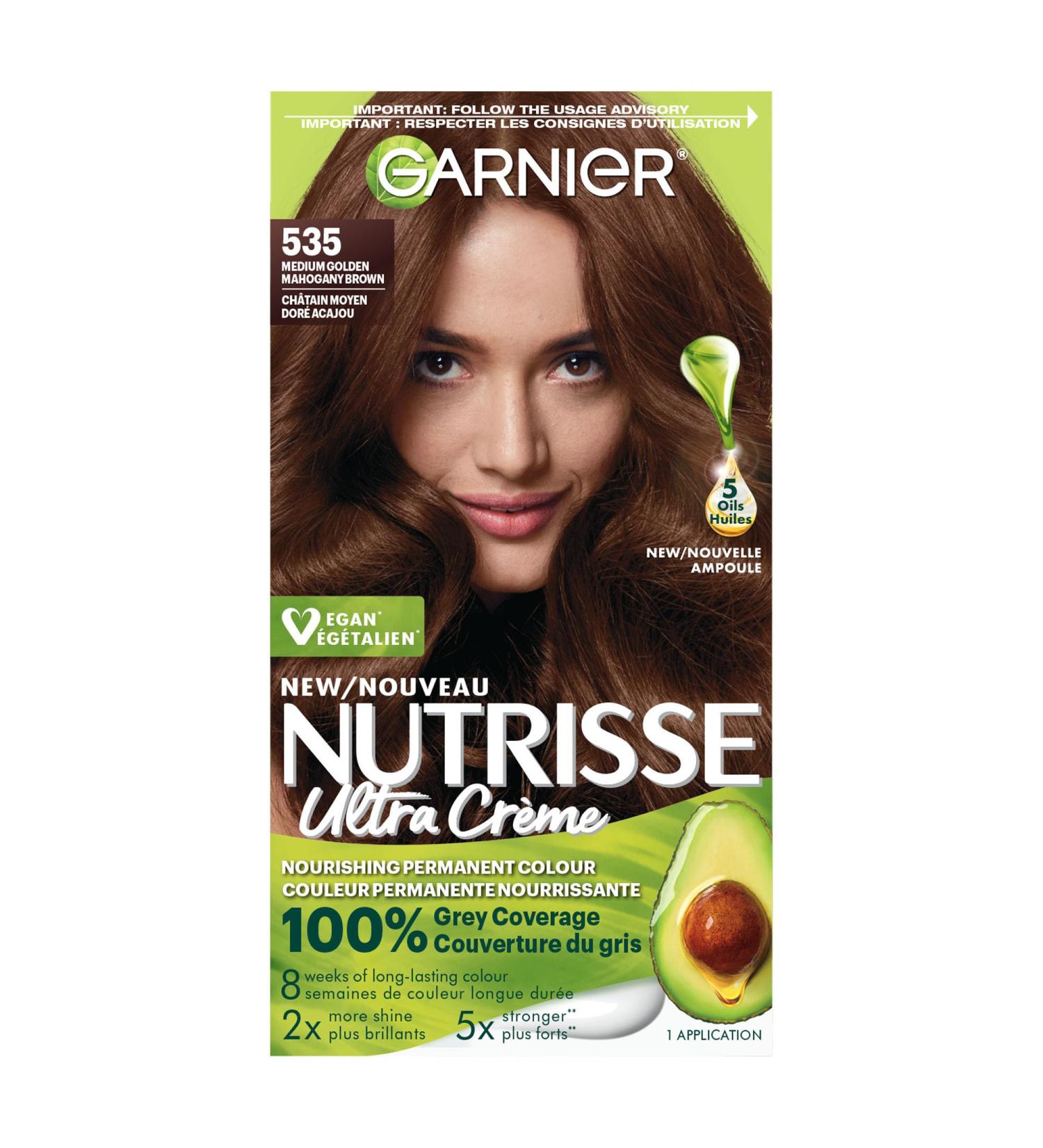 Garnier Nutrisse Ultra Cr me Permanent Hair Dye 100% Grey Coverage Vegan Formula Nourished Hair Long-Lasting Rich Colour 535 Medium Golden Mahogany Brown 1 Application Packaging May Vary BROWN SHADES 535 Medium Golden Mahogany Brown - Buy Online on GoSupps.com