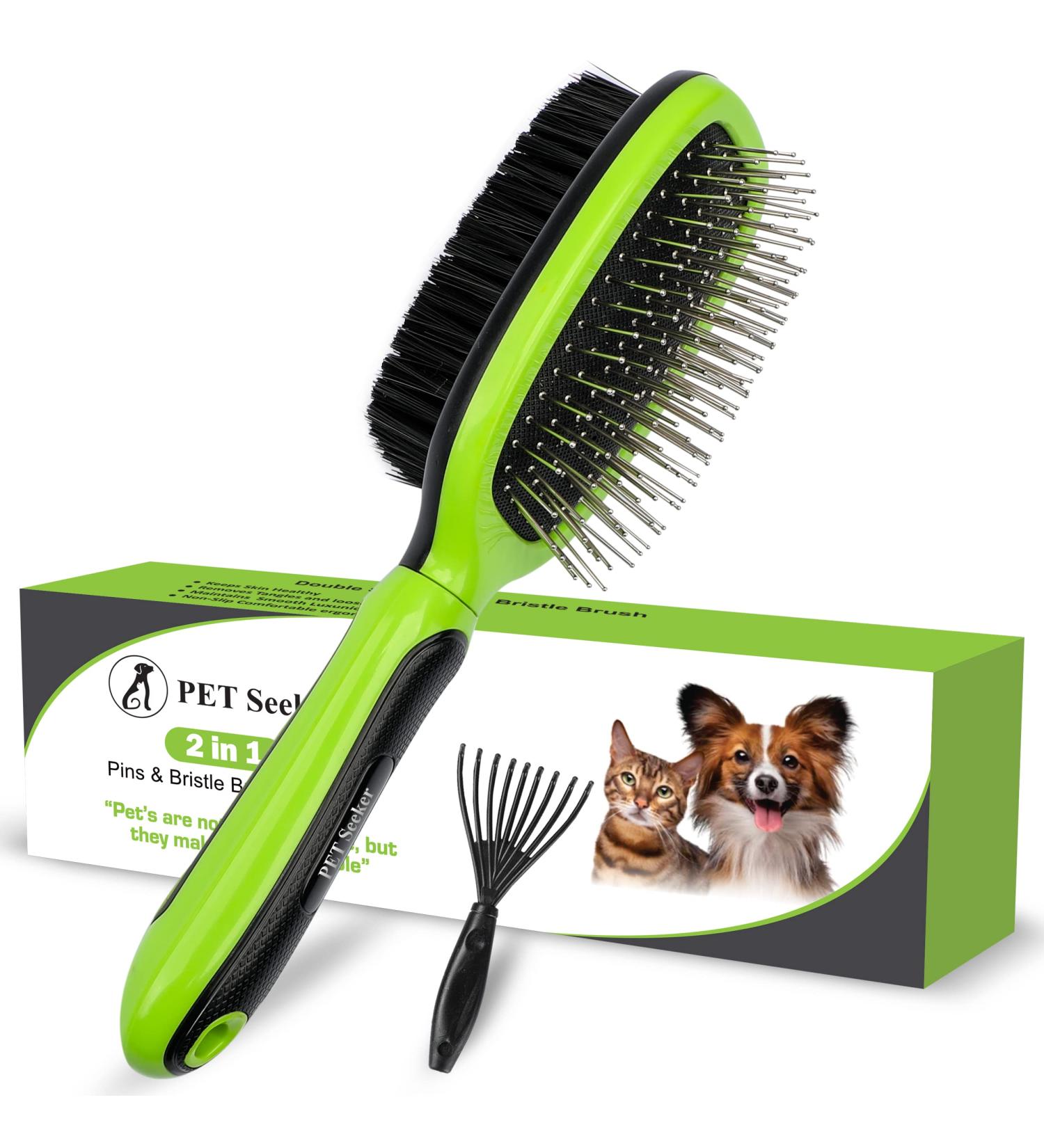 Double Sided Pet Brush with Free Cleaning Tool - Dog & Cat Grooming Brushes for Shedding - Rounded Pins & Bristles - Anti Slip Handle - Buy Online on GoSupps.com