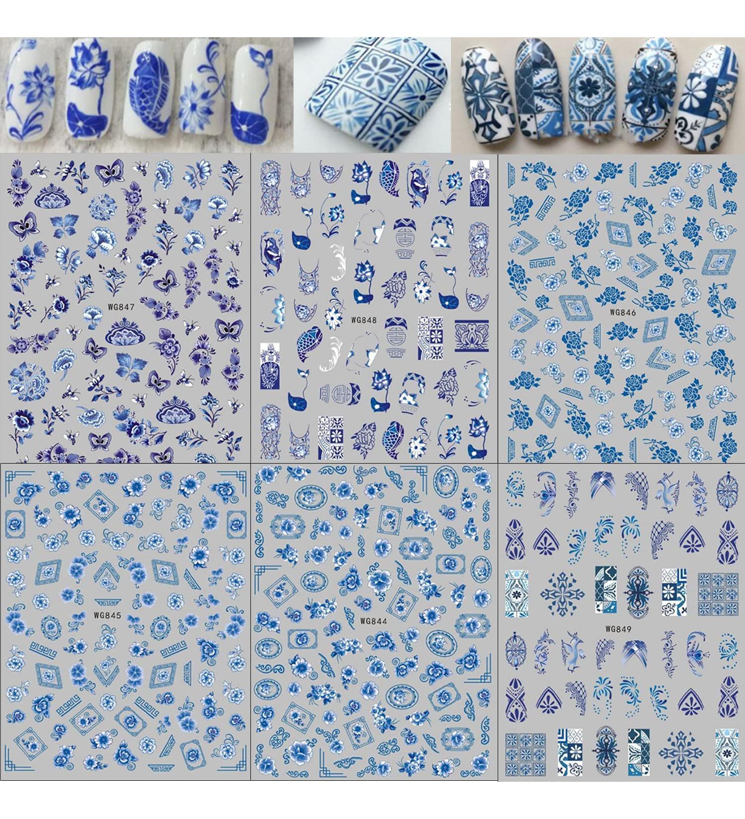 Blue Flower Nail Art Stickers | Chinese Style Porcelain Design | Self-Adhesive Decals for Women | Retro DIY Nail Decor - Buy Online on GoSupps.com
