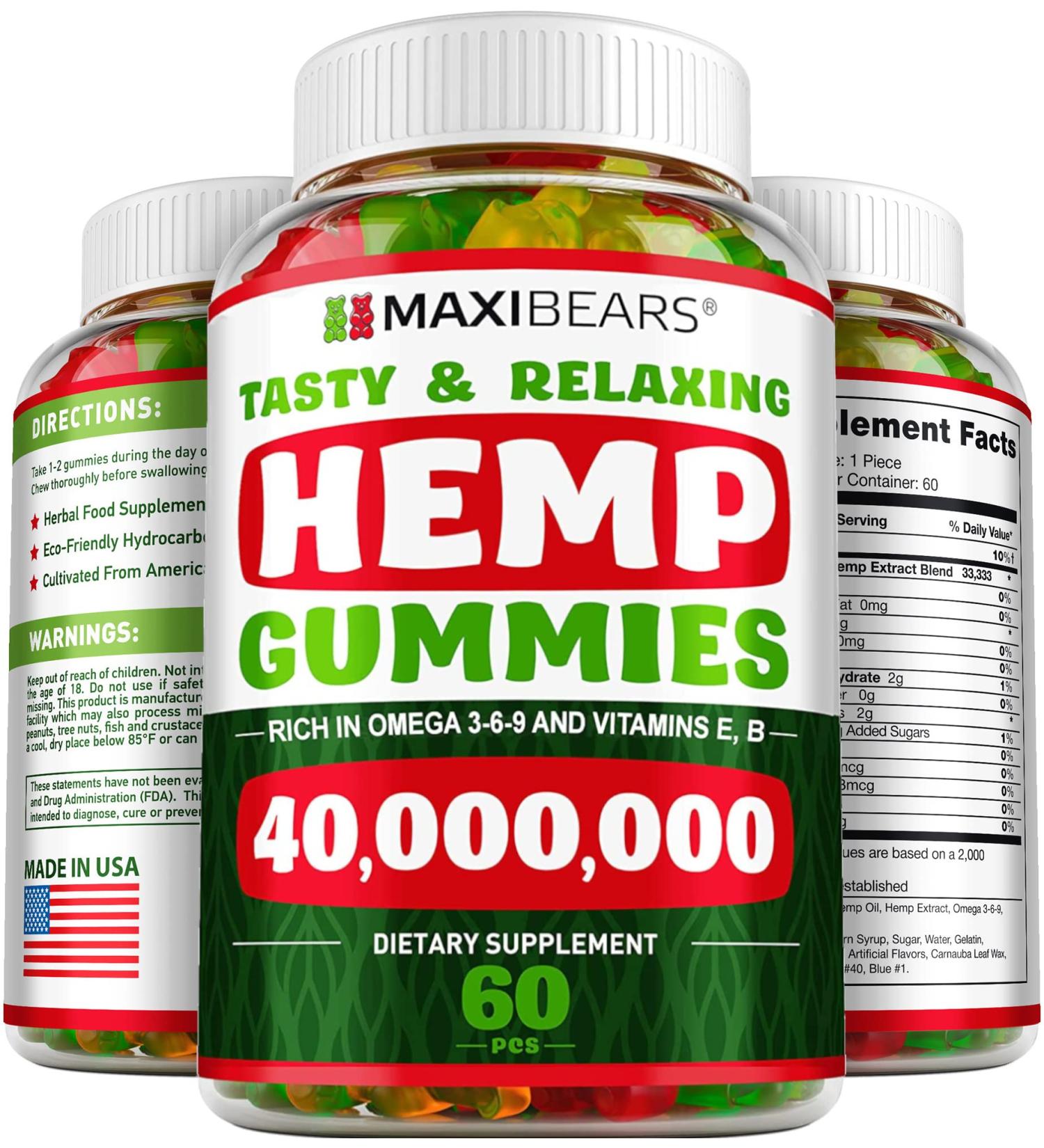 Maxibears Hemp Gummies with Vitamins B, E & Omega 3-6-9 - 60 High Potency Herbal Gummies - Buy Online on GoSupps.com