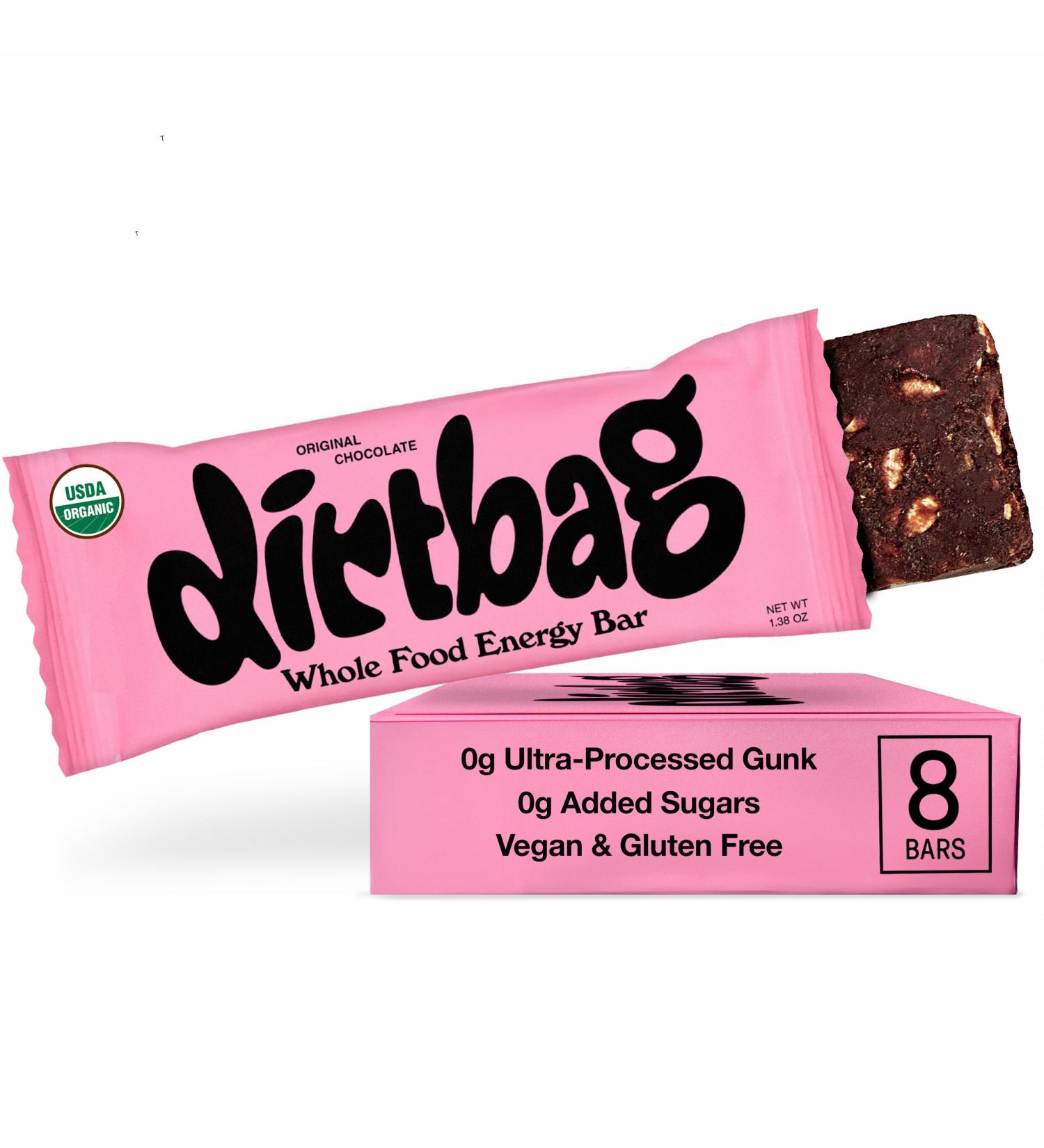 Dirtbag Bar Organic Whole Food Energy Bar with Clean Plant Protein Original Chocolate 8 Pack Dates Oats Nuts 100% Dark Chocolate NO Ultra-Processed Gunk Vegan & Gluten Free. - Buy Online on GoSupps.com