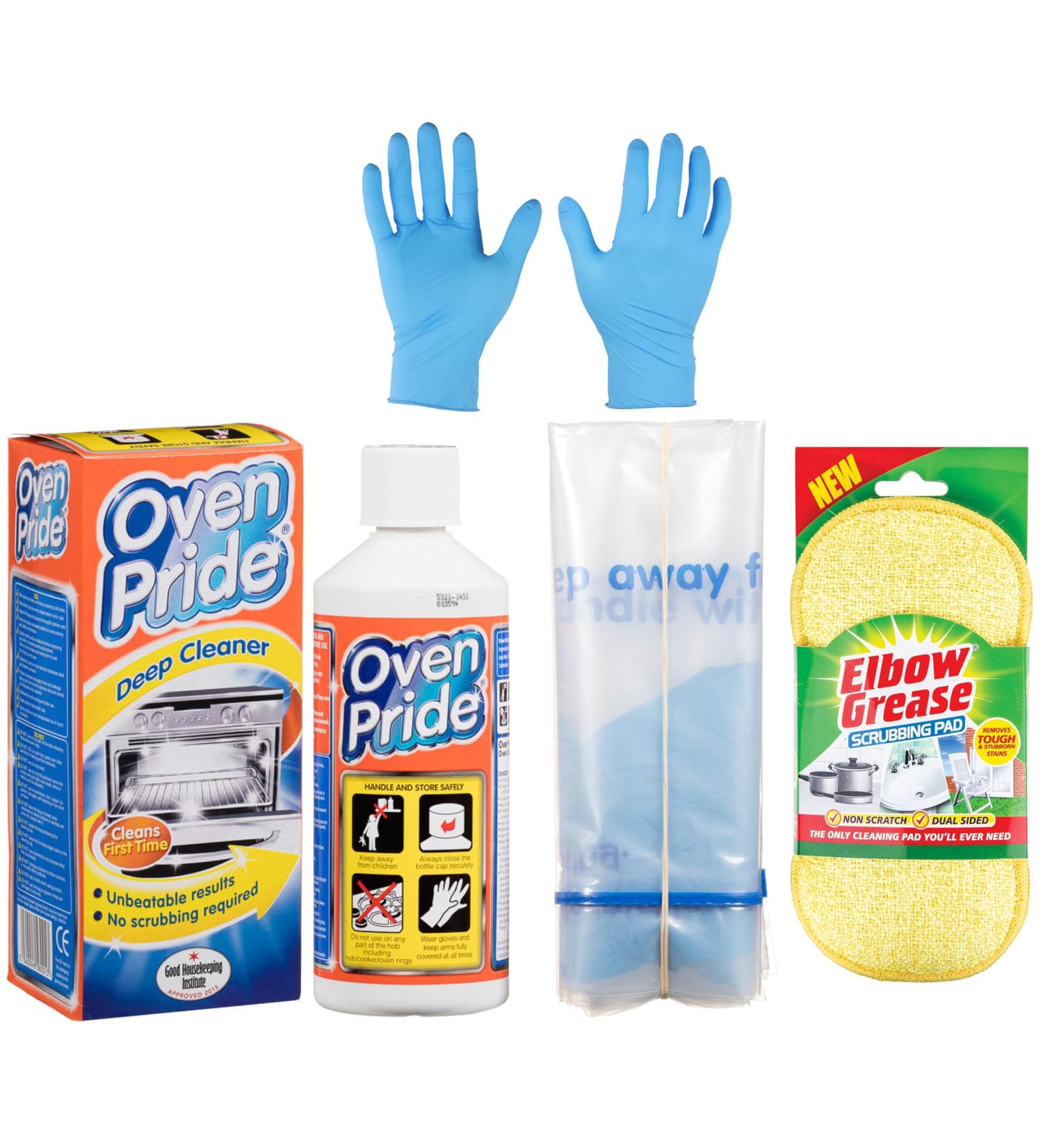 Oven Pride Cleaning Solution - 500ml Bottle - Includes Oven Pride Cleaner Gloves Bags and Elbow Grease Scrubbing Pad - Comprehensive Oven Cleaning Kit