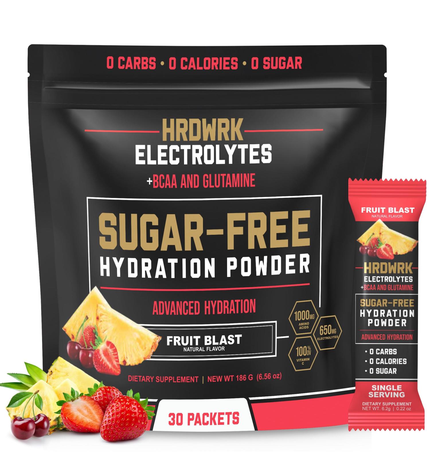 HRDWRK Electrolytes Powder Packets - Sugar Free Keto Hydration with Magnesium & Potassium (30 Servings Fruit Blast - Buy Online on GoSupps.com