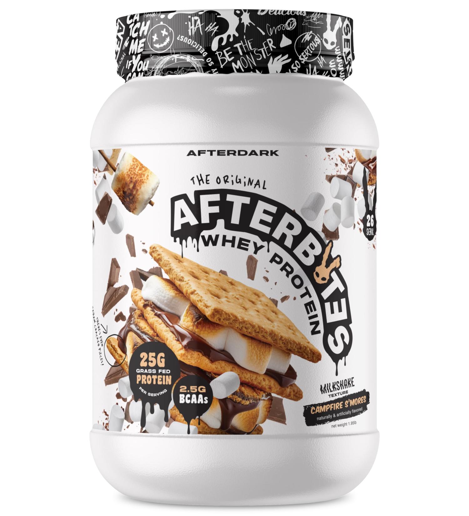 AFTERDARK AfterBites Whey Protein Powder - 25g Protein 4.5g BCAAs No Fillers Campfire Smores Flavor USA Made 26 Servings - Easy Dissolving Protein for Lean Muscle - Buy Online on GoSupps.com