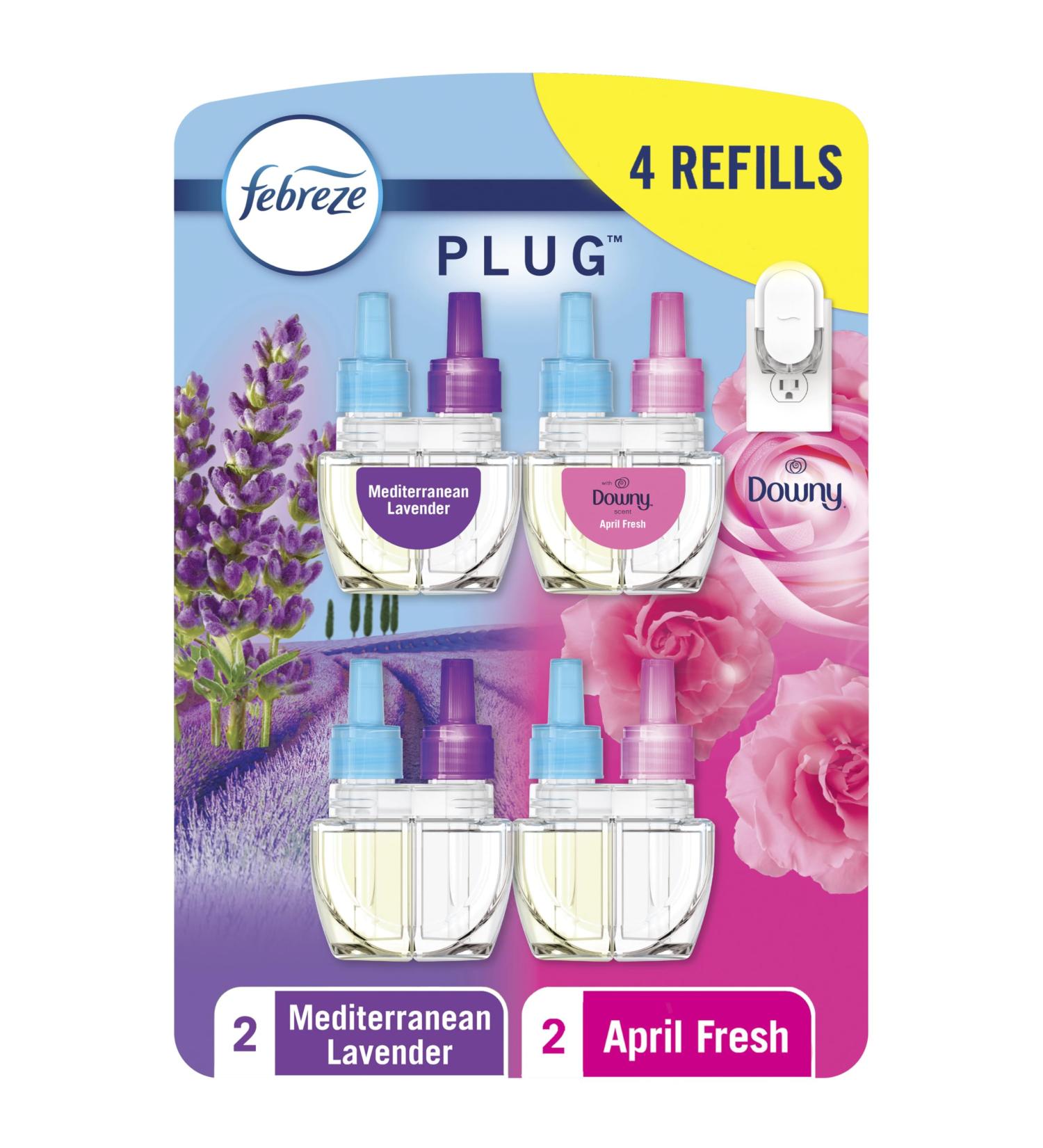 Febreze Odor-Fighting Fade Defy PLUG Air Freshener Refills - Downy April Fresh & Mediterranean Lavender 4 Pack (0.87 fl. oz. Each) - International Shipping Available - Buy Online on GoSupps.com