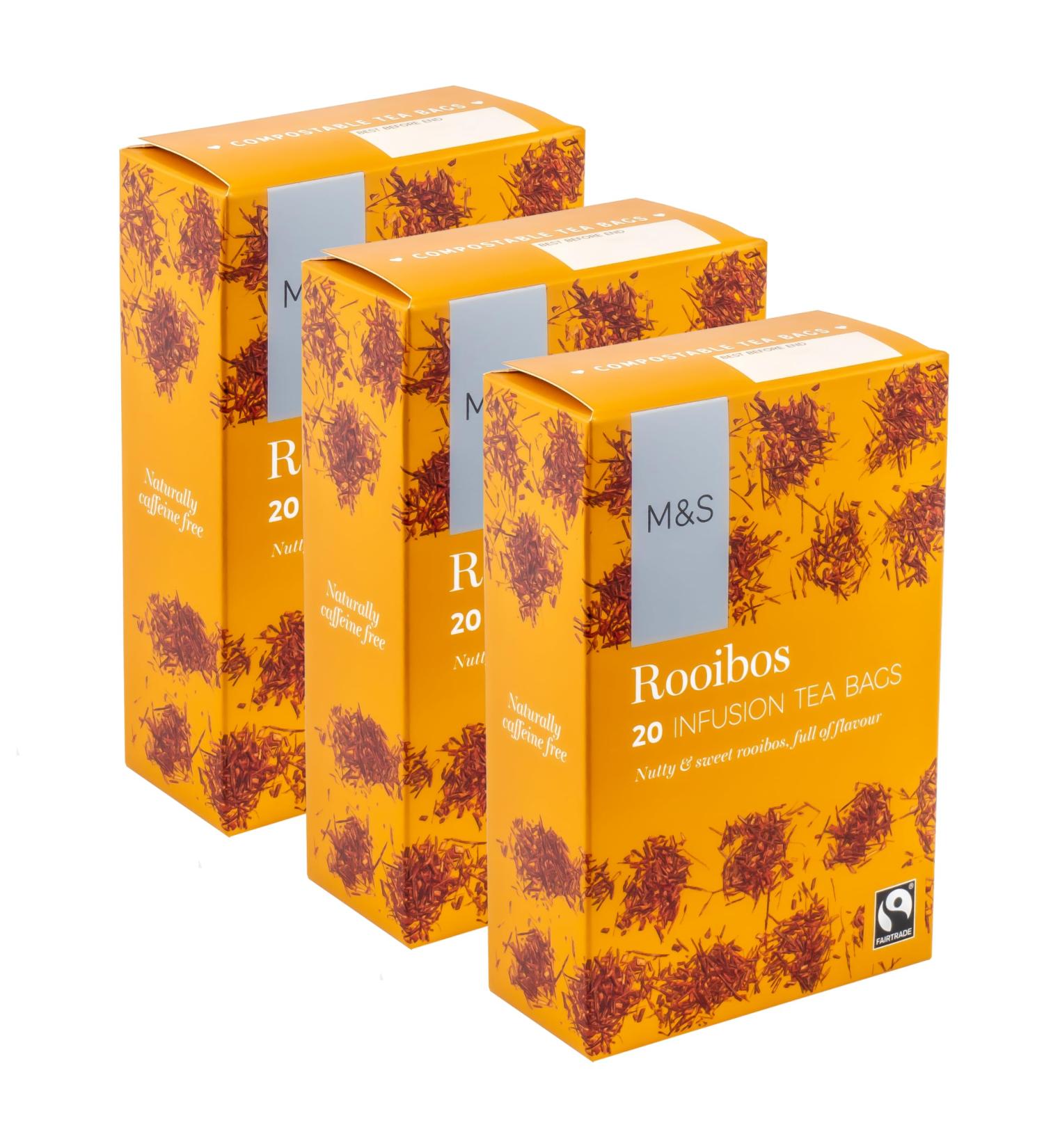 M&S Marks & Spencer Rooibos Infusion Teabags Nutty & Sweet Compostable Caffiene Free - Set of 3 x 20pk
