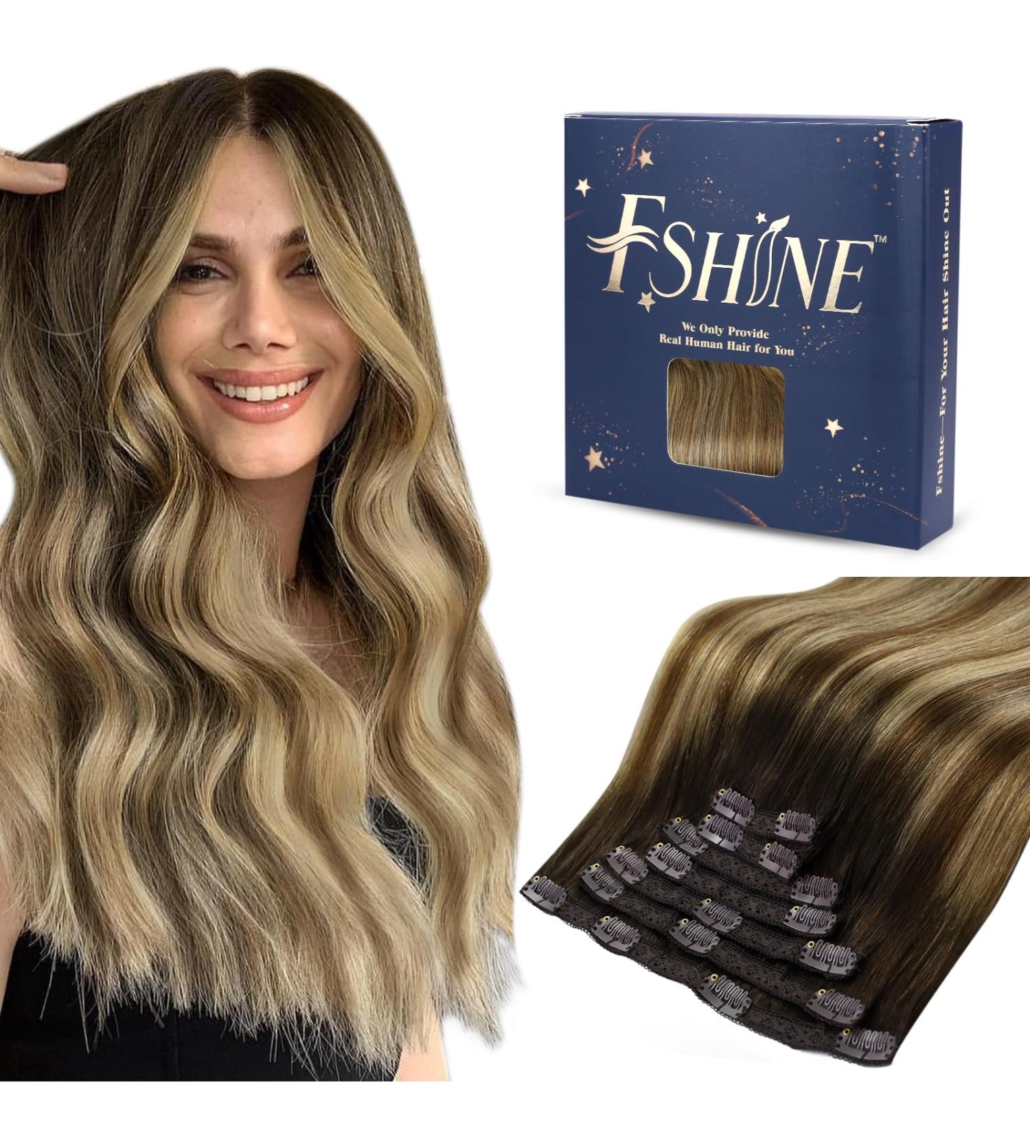 FSHINE Clip-In Extensions | 60cm Balayage Medium Brown & Platinum Blonde | 120g Real Hair | 7 Pieces for Women - Buy Online on GoSupps.com