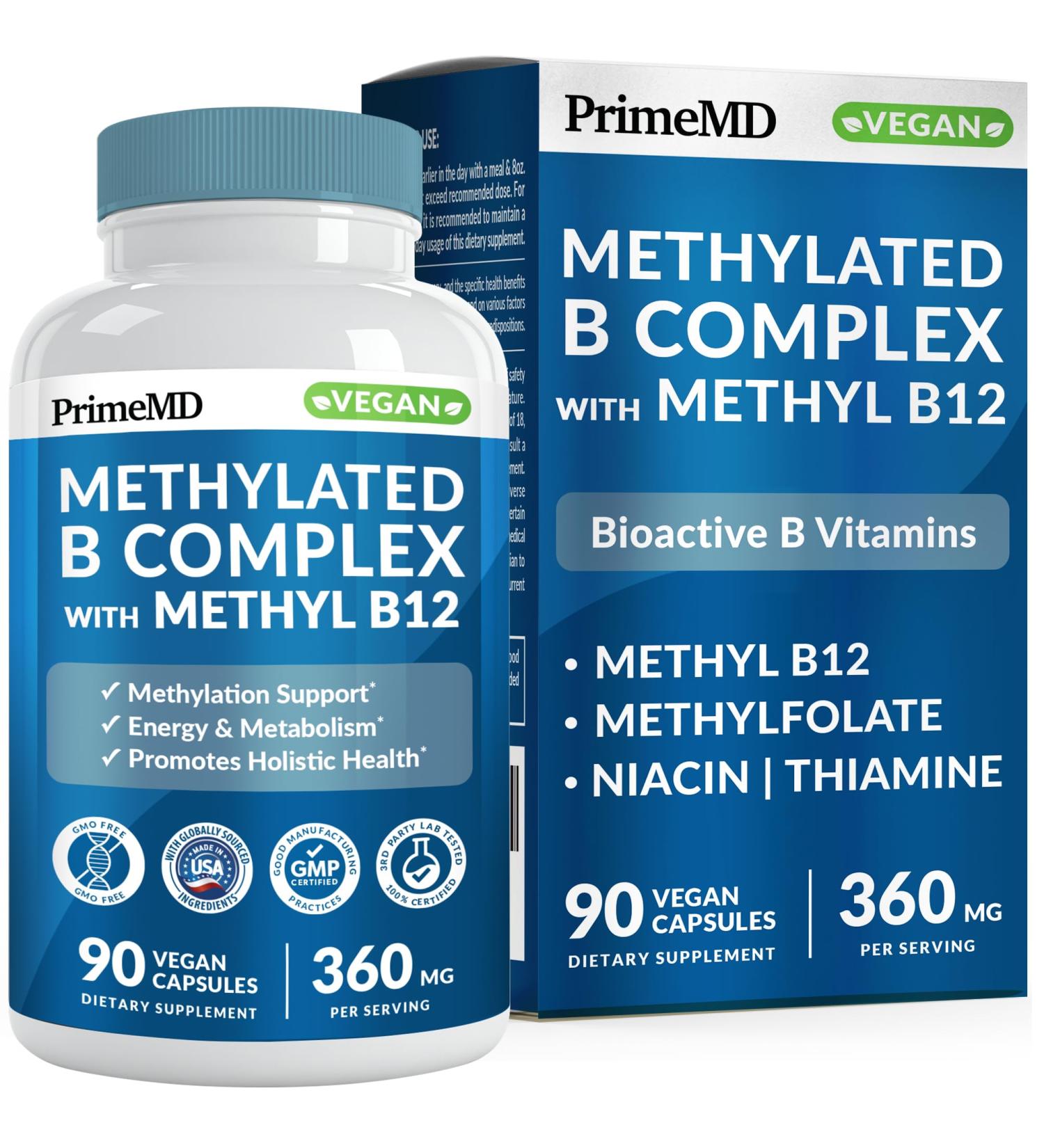 Methylated B Complex with Methylfolate and B12 Methylcobalamin 1000 mcg - Methylated Multivitamin for Energy Brain Function and Wellness - Vitamin B Complex for Men & Women (90 Servings) (Pack of 1) 90 Count (Pack of 1) - Buy Online on GoSupps.com