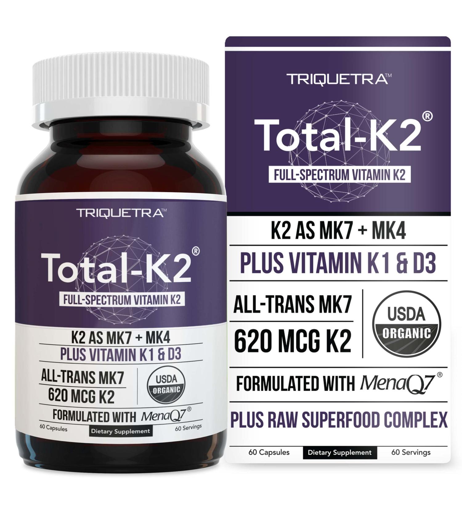 Total K2 | Vitamin K2 as MK7 & MK4 | Plus K1 & Vitamin D3 Cofactor - 620 mcg K2 per Serving - All-Trans MK7 from MenaQ7 - Full-Spectrum Vitamin K - Vegan Organic Certified (60 Capsules) 60 Count (Pack of 1) - Buy Online on GoSupps.com