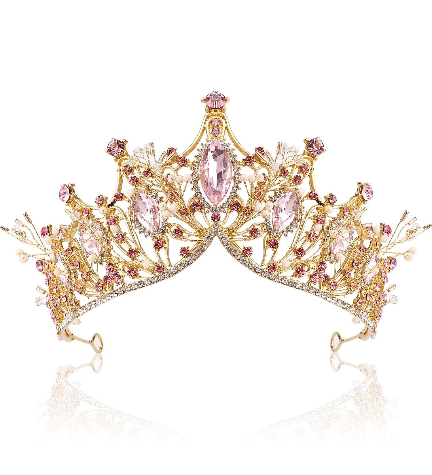 AOPRIE Hera's Light Gold Pink Crystal Tiara for Women and Girls - Perfect for Wedding, Prom, Birthday, Party, Halloween, Christmas & Princess Costume - Buy Online on GoSupps.com