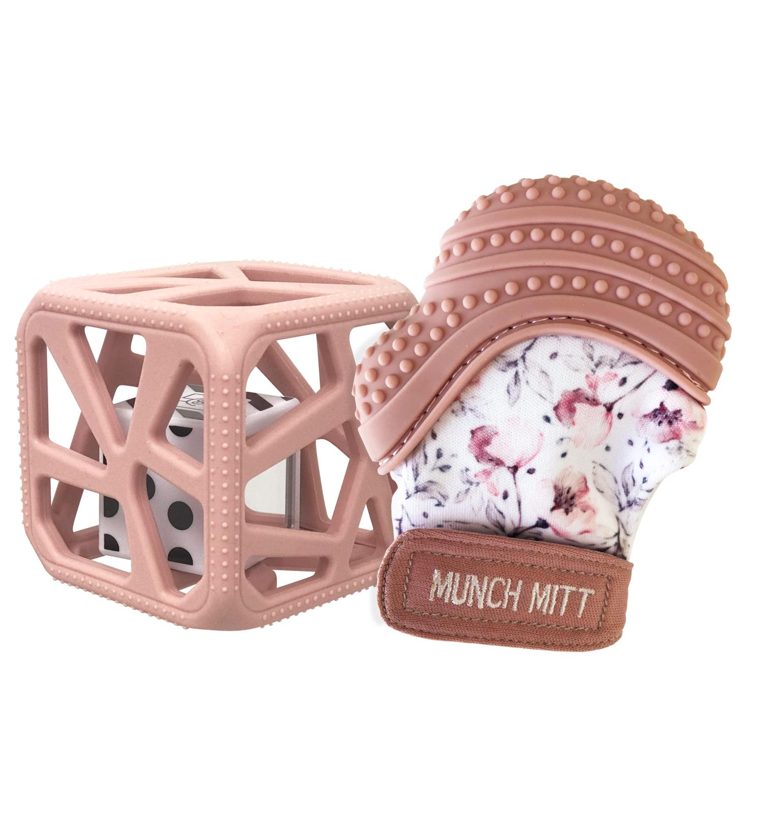 Malarkey Kids Munch Mitt and Chew Cube 2-Pack | Baby Teething Mitten & Chew Toy Set for Aching Gums | Promotes Stimulation & Soothes Hands (Mauve/Spring Flower) - Buy Online on GoSupps.com