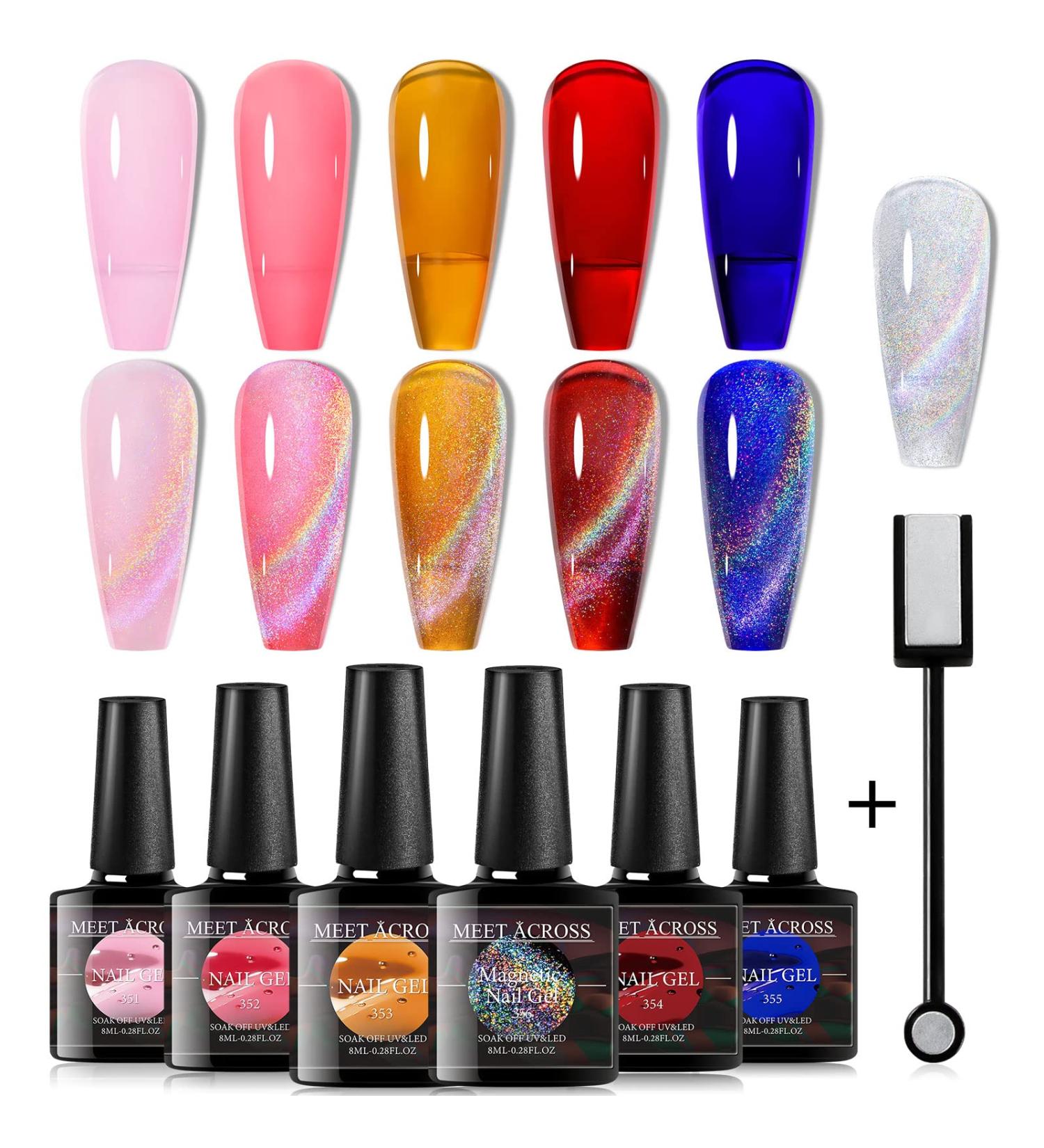 MEET ACROSS Rainbow Cat Eye Gel Nail Polish Kit - 5 Colors Jelly Soak Off UV LED Gift Box + Magnet Stick - Buy Online on GoSupps.com