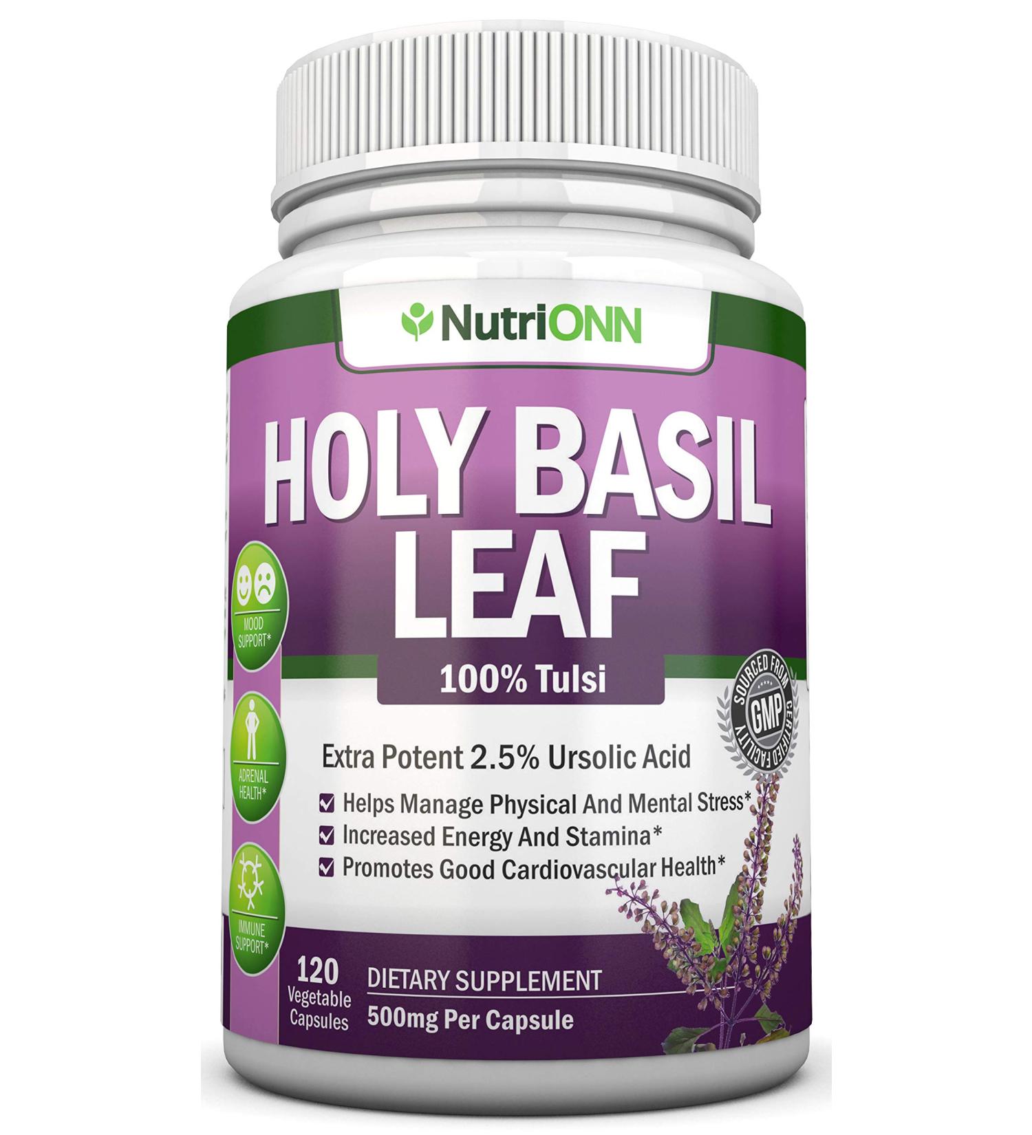 NutriONN Holy Basil Leaf Capsules 500mg - 120 Vegan Capsules - Tulsi Extract Supplement with Ursolic Acid - Adaptogenic Ayurvedic Herb for Positive Mindset - Buy Online on GoSupps.com
