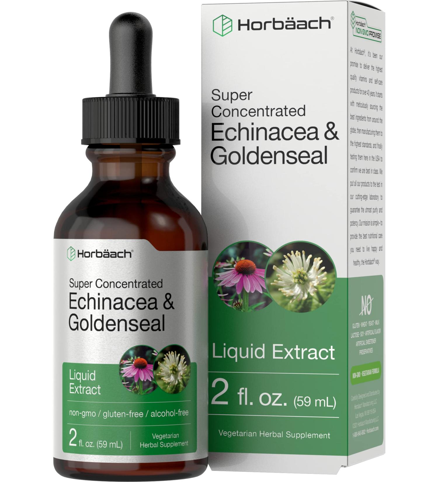 Echinacea Goldenseal Liquid Extract - 2 fl oz Alcohol Free Tincture | Vegetarian, Non-GMO, Gluten Free | Horbaach - Buy Online on GoSupps.com
