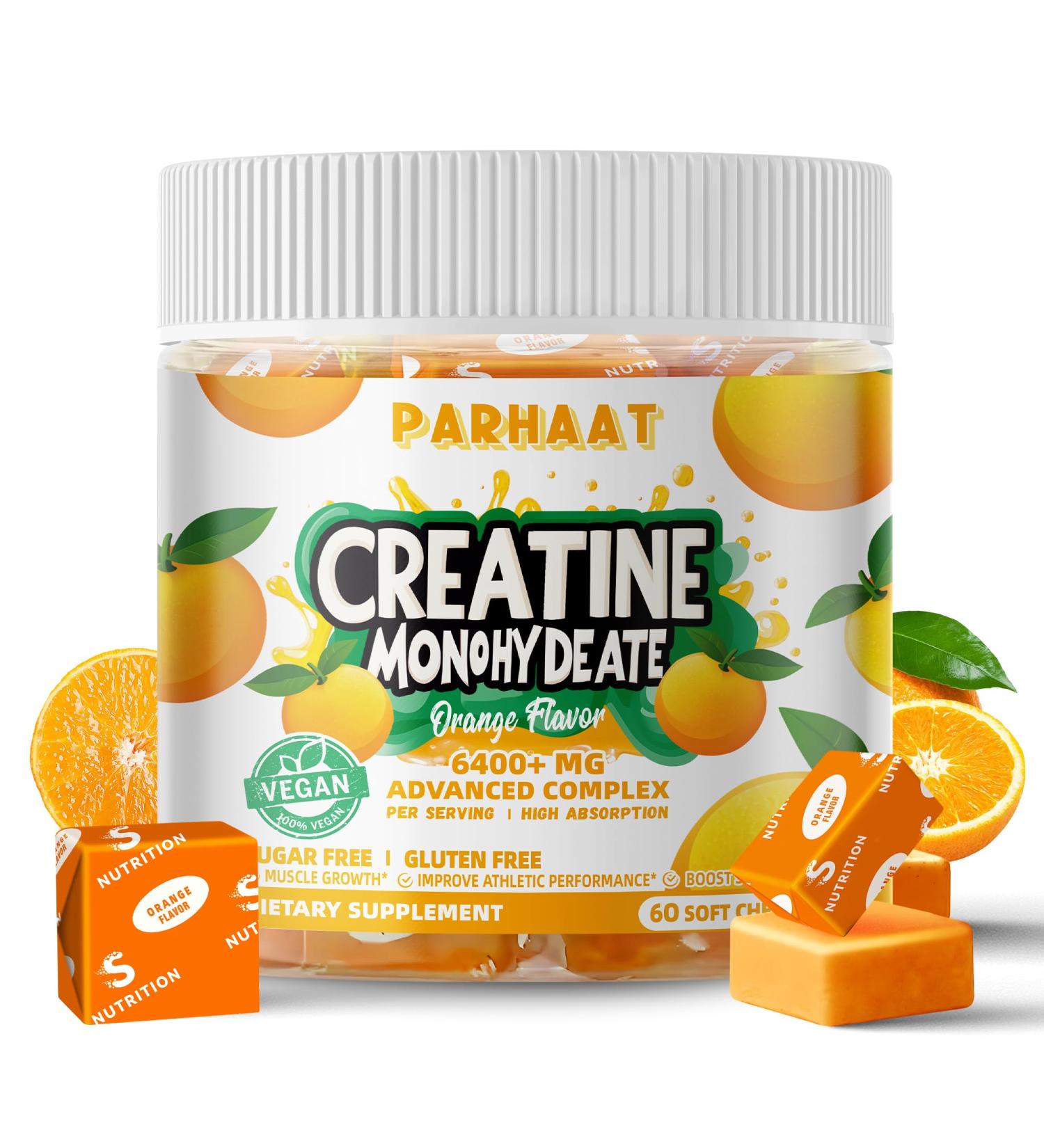Creatine Monohydrate Chews Complex 6400mg for Men & Women -Advanced Formula W/L-Taurine + Vitamin B12 Sugar Free Chewable Supplement 60 Orange Softchews Orange 60 Count (Pack of 1) - Buy Online on GoSupps.com