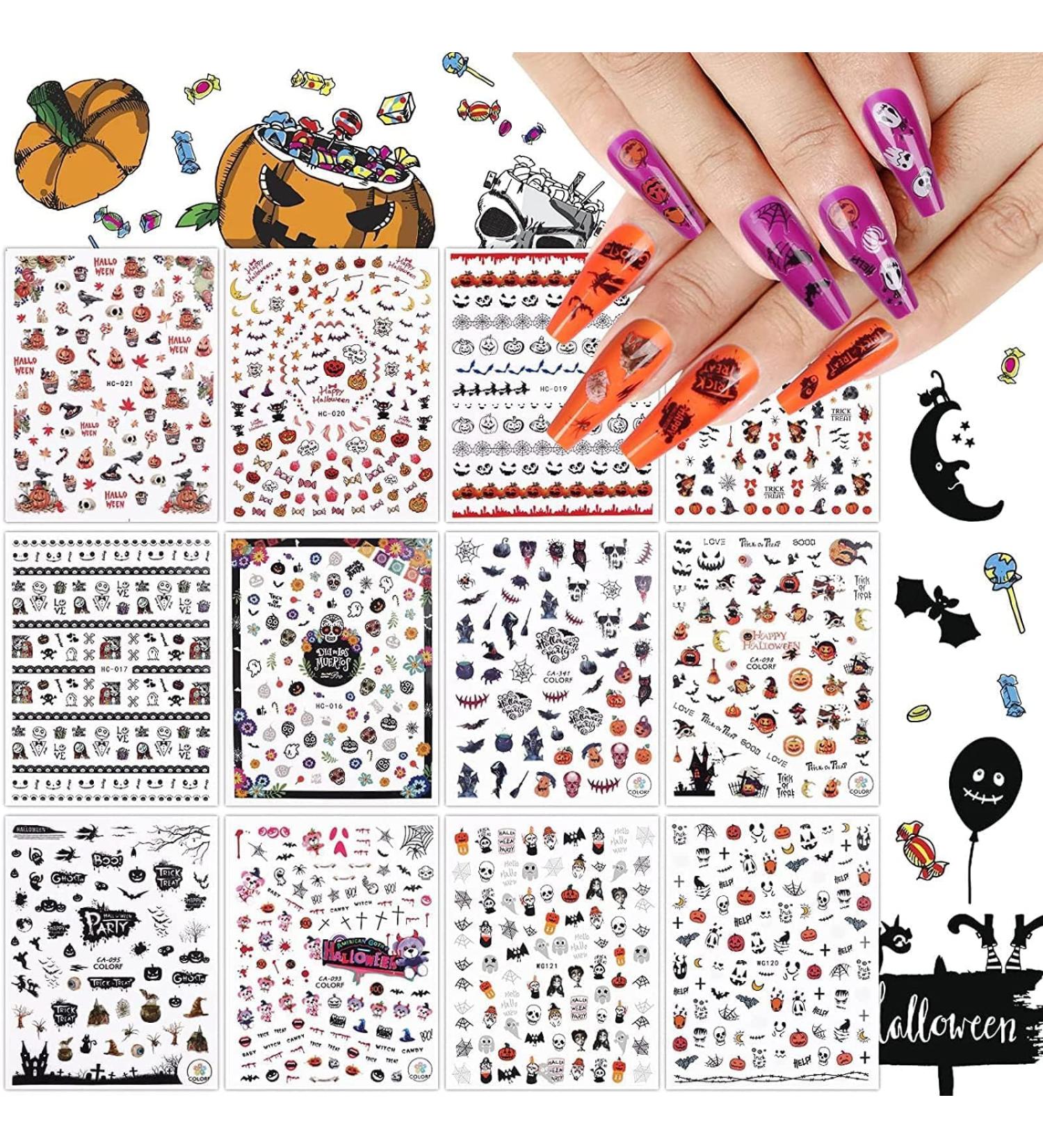 Kalolary Halloween Nail Art Stickers Decals 12 Sheets Self-Adhesive DIY Nail Art Strips Various Patterns Pumpkin Bat Ghost Skull Skeleton Nail Decoration for Girls Women Halloween Party - Buy Online on GoSupps.com