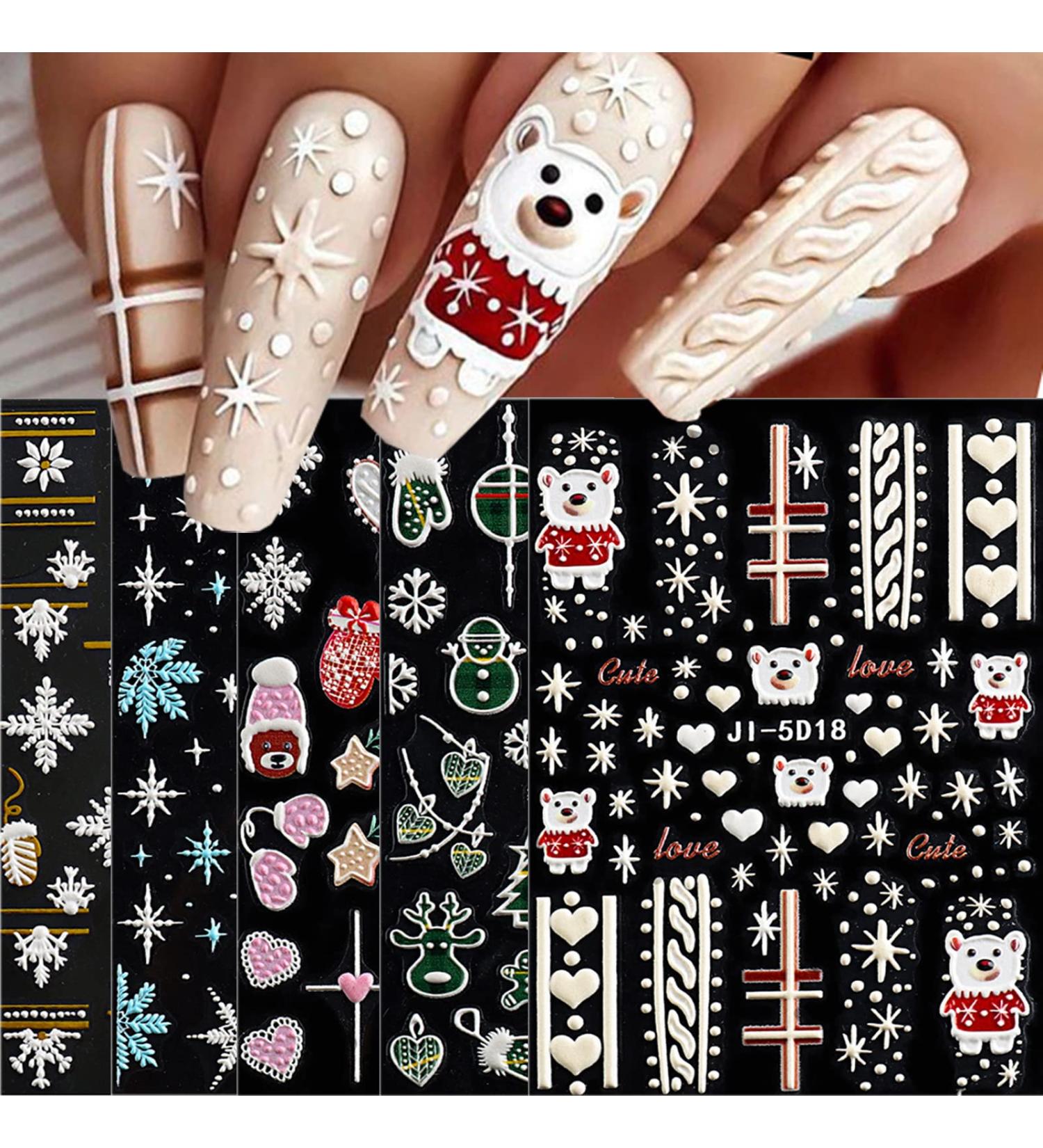 3D Embossed Christmas Nail Art Stickers Decals 5 Sheets 5D Self-Adhesive Cute Bear Snowflakes Snowman Heart Pink Hat Nail Supplies Nail Art Design Decoration Accessories - Buy Online on GoSupps.com