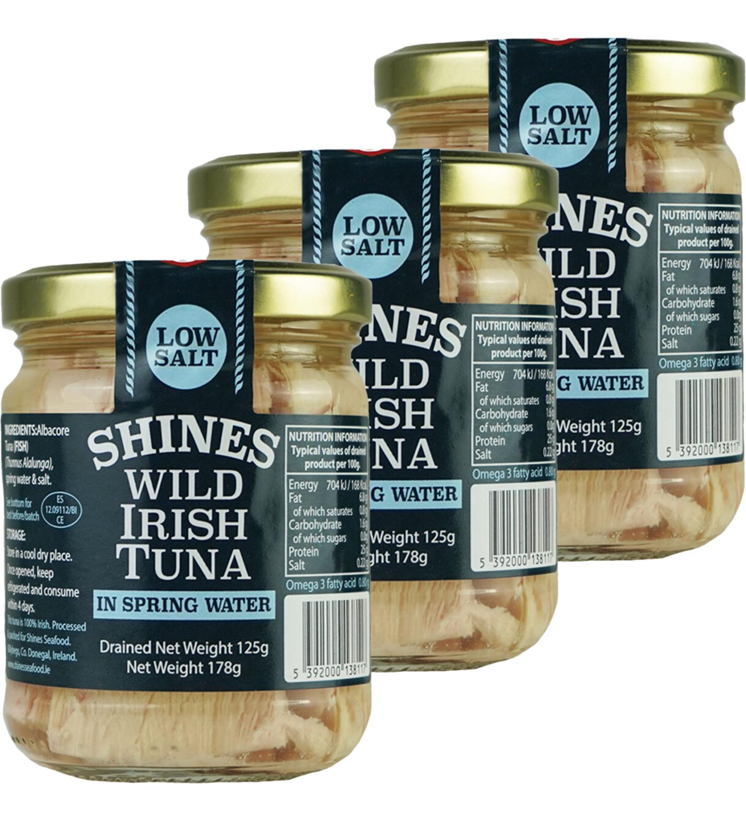 Wild Irish Albacore Tuna in Water - 3 x 185g Glass Jar | Low Carb, Keto & LCHF Friendly | Dolphin Friendly, Hand Filleted | Gluten-Free, High Omega 3, Low Salt - Shines - Buy Online on GoSupps.com