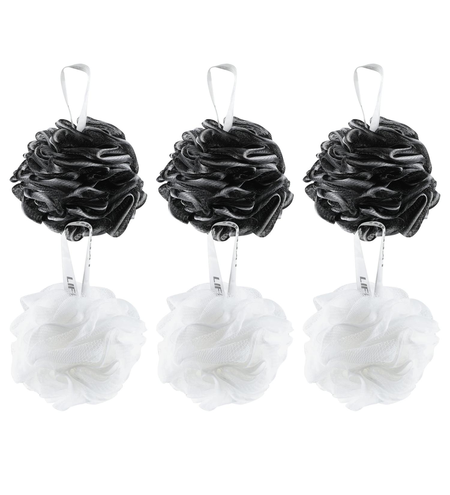 Lifeforce Shower Puff Loofah 60g - Set of 6 Exfoliating Bath Sponges for Adults - Soft Mesh Body Sponge in Classic Black & White Colors - Buy Online on GoSupps.com