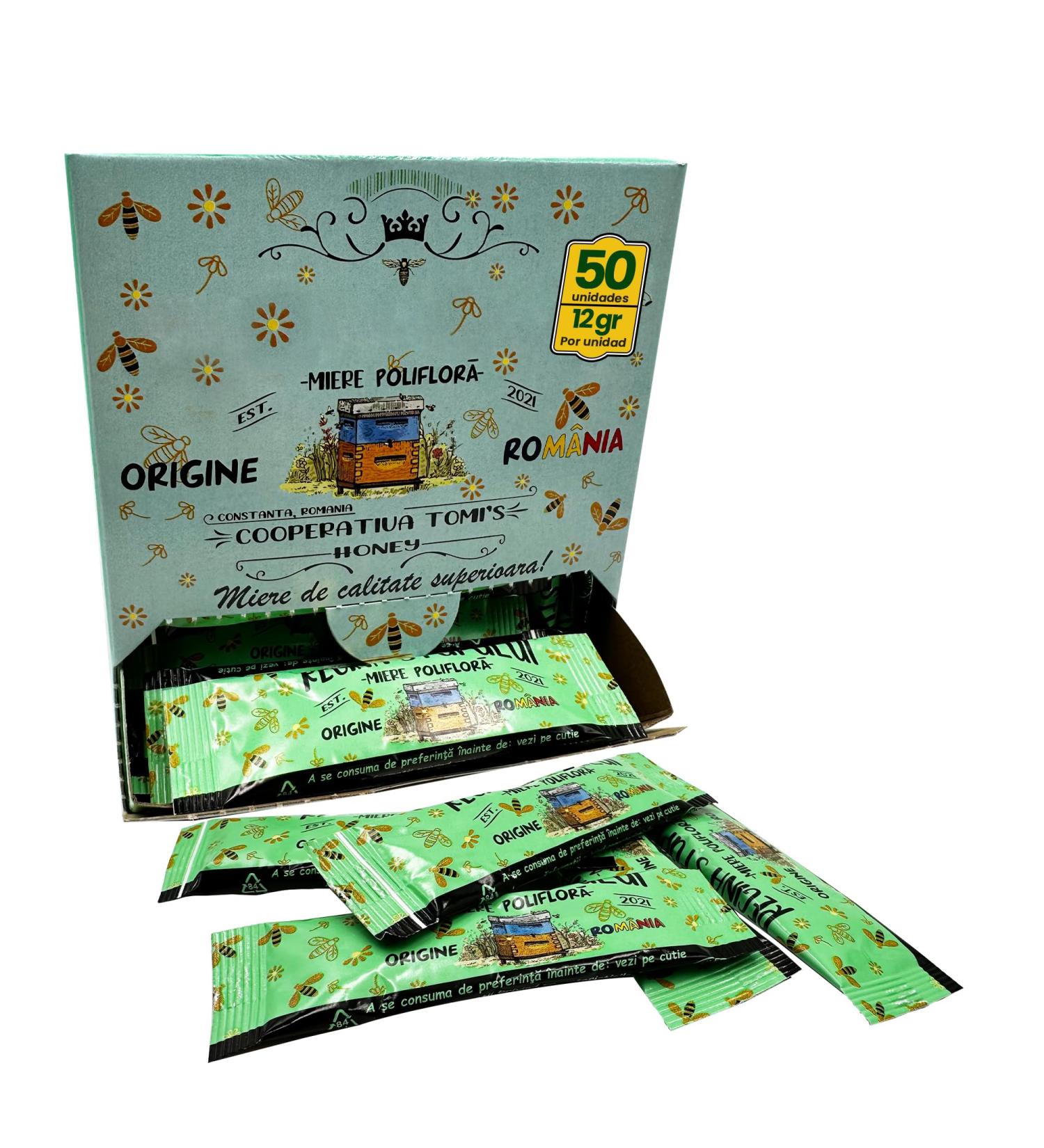 Propol-mel - Polyfloral Honey in Monodose Sticks | 12g x 50 Units | 100% Natural and Pure from Romania | Soft and Light | Ideal for Tea Coffee Desserts and More - Buy Online on GoSupps.com