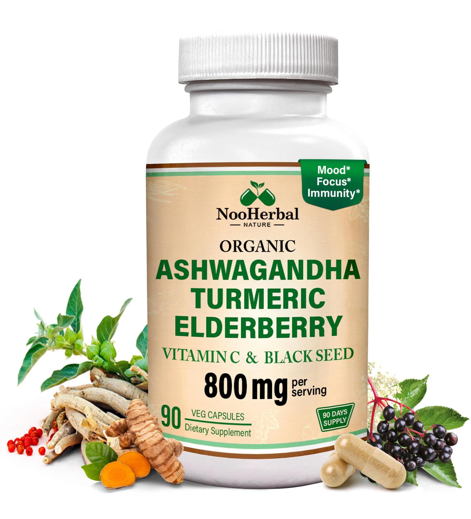 Ashwagandha Supplements with Turmeric Curcumin, Elderberry, Vitamin C & Black Seed - Supports Relaxation, Mood & Immune Health - 800mg - 90 Vegan Capsules, Non-GMO & Gluten-Free - Buy Online on GoSupps.com