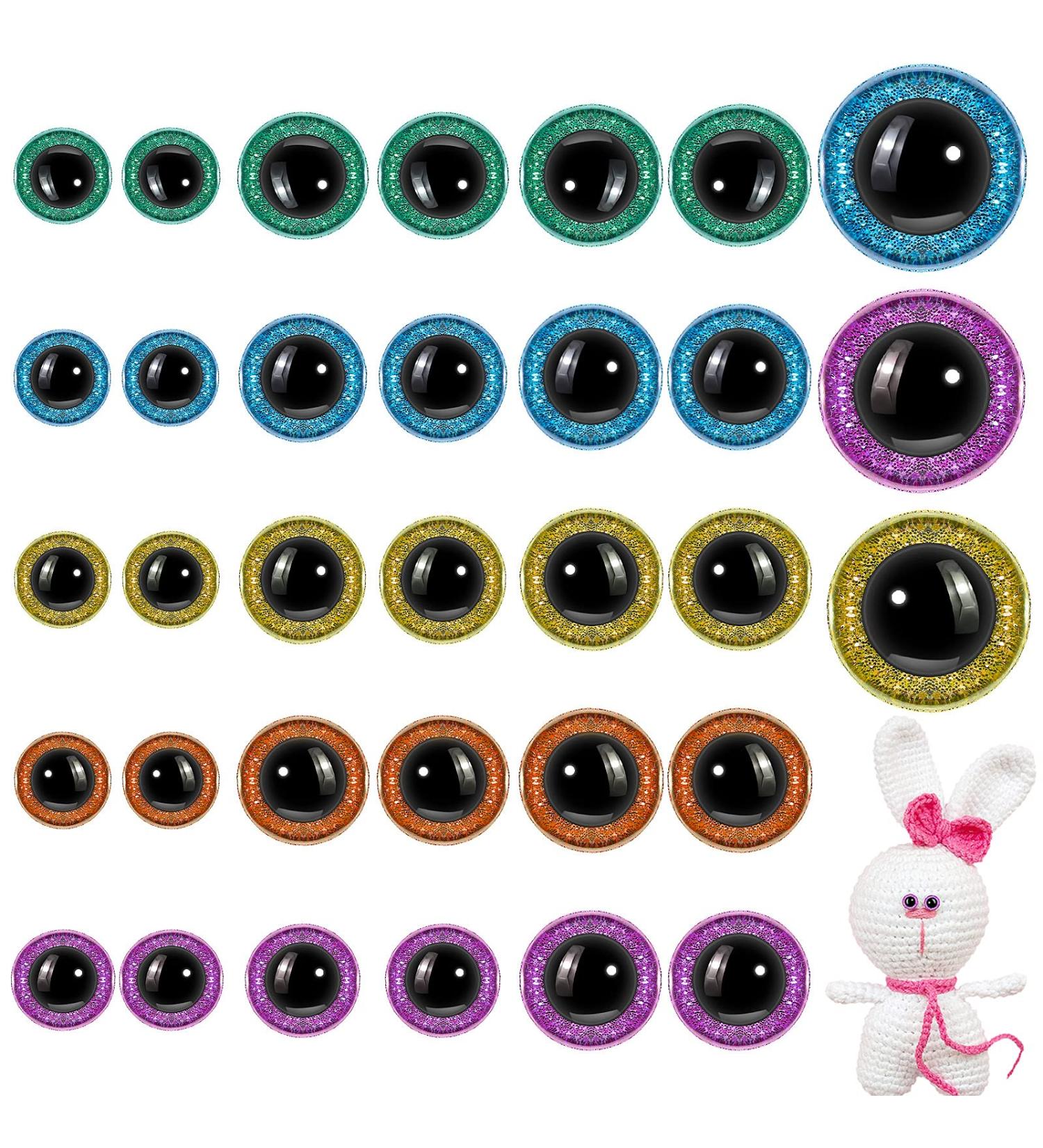 150 Pcs Glitter Safety Eyes for Amigurumi - 12/16/20 mm - Stuffed Animal Plastic Craft Eyes - DIY Puppet and Toy Doll Making - Green, Purple, Blue, Champagne, Golden - Buy Online on GoSupps.com