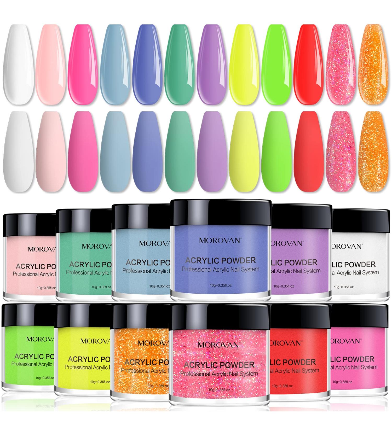 Morovan Acrylic Powder Set 12 Colors Gift Nail Art Powder Beginner DIY Professional Polymer Powder for Acrylic Nails Extension Odor-Free Bubble-free No Nail Lamp Needed - Buy Online on GoSupps.com