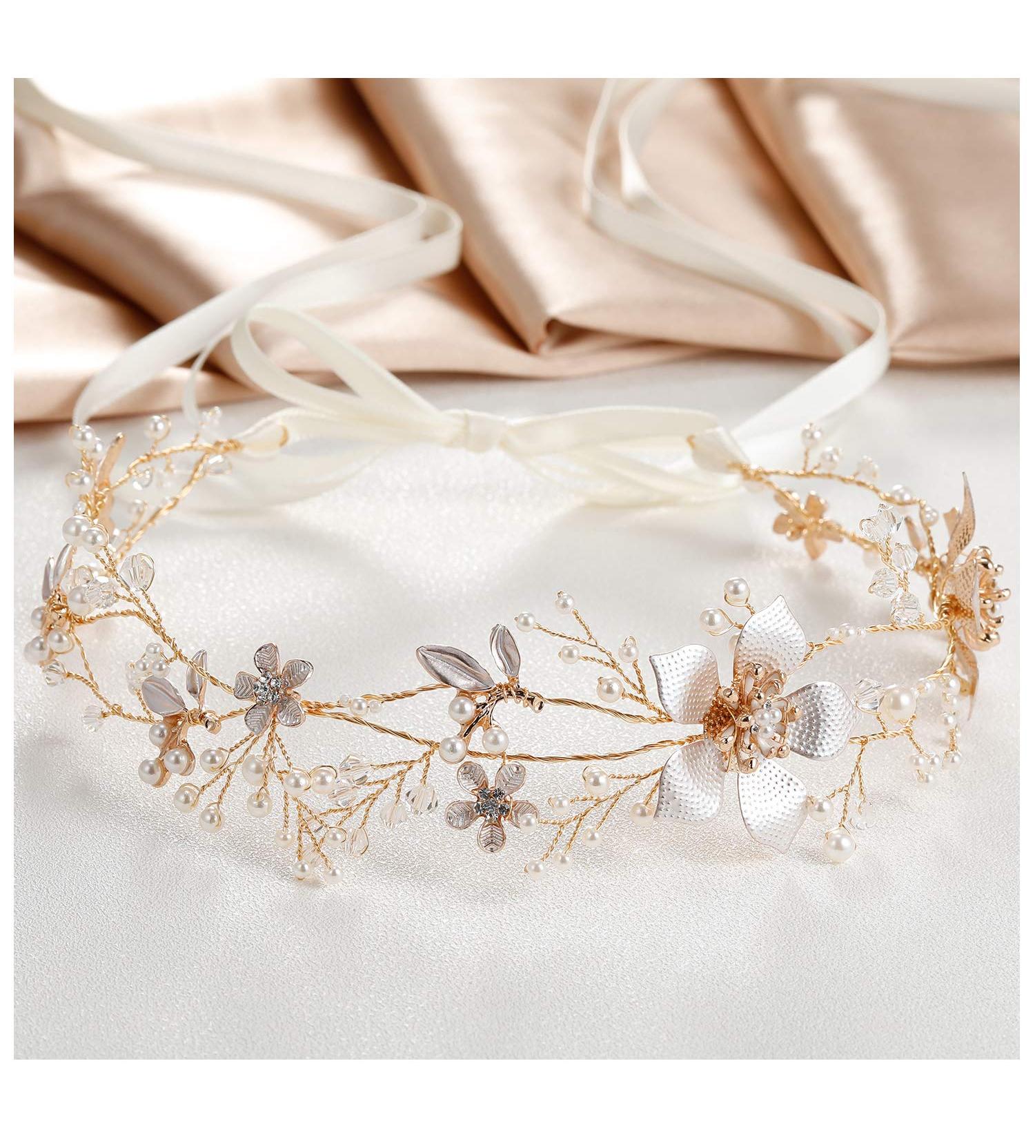 SWEETV Gold Wedding Headband - Pearl Flower Bridal Hairpiece for Women - Crystal Hair Vine Accessory - Buy Online on GoSupps.com