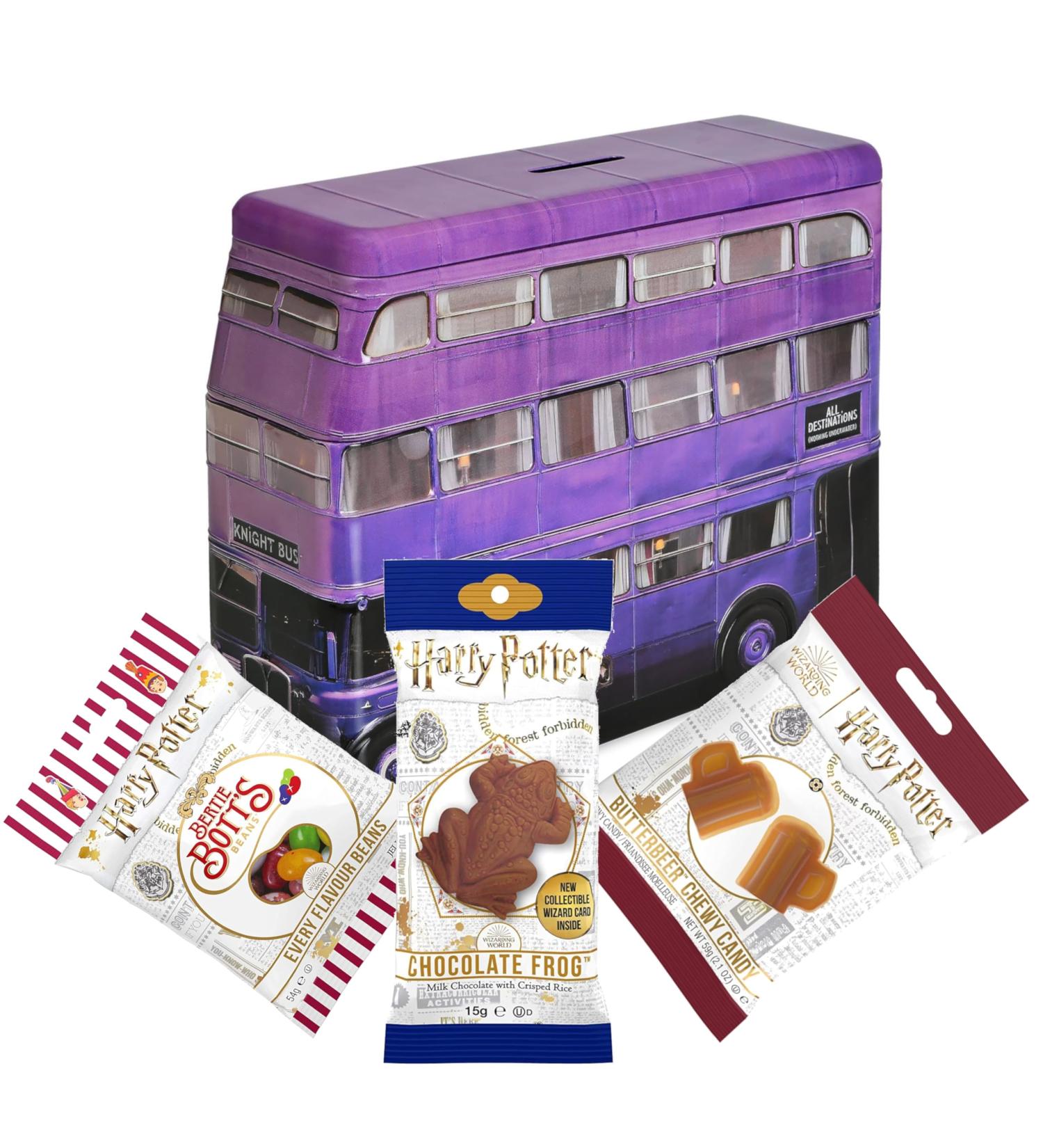 Harry Potter 4-Pack: Knight Bus Money Box Bertie Botts Chocolate Frog & Butterbeer Candy - International Shipping Available - Buy Online on GoSupps.com
