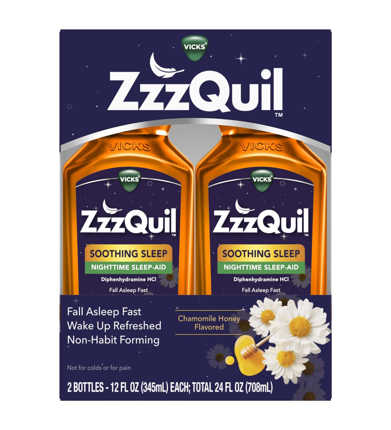 ZzzQuil Nighttime Sleep Aid Liquid 50mg Diphenhydramine HCl | Chamomile Honey Flavor | No.1 Sleep Aid Brand | Fall Asleep Fast | Non-Habit Forming | 24 FL OZ - Buy Online on GoSupps.com
