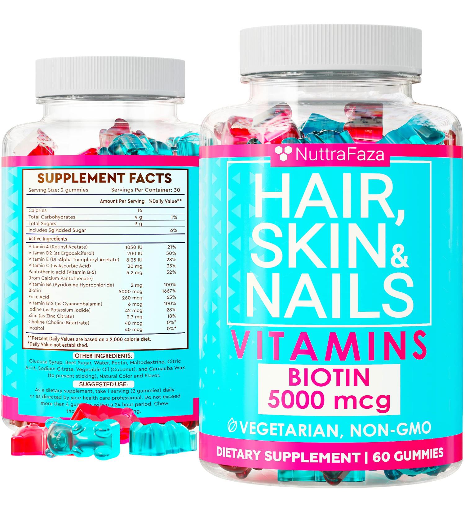 Hair Growth Vitamins with Biotin 5000mcg, Folic Acid, Vitamin A & D - Hair, Skin and Nails Gummies for Women and Men - Non-GMO Vegan Bears - 1 Pack - Buy Online on GoSupps.com