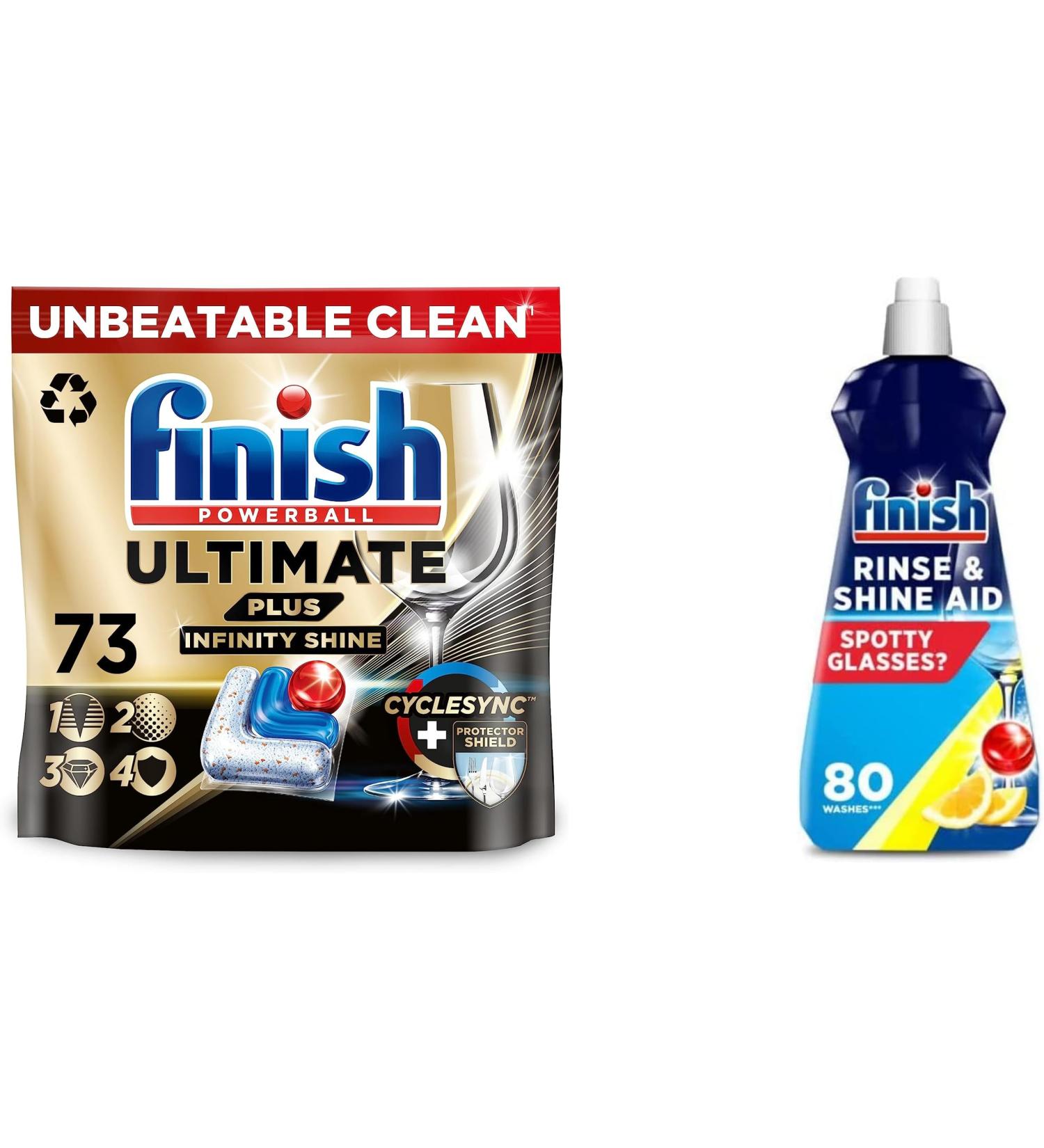 Bundle of Finish Ultimate Plus Infinity Shine Dishwasher Tablets | 73 Dishwasher Tabs | For Unbeatable* Clean & Diamond Shine + Finish Dishwasher Cleaner Rinse Aid | Scent : Lemon | Size : 400ml - Buy Online on GoSupps.com
