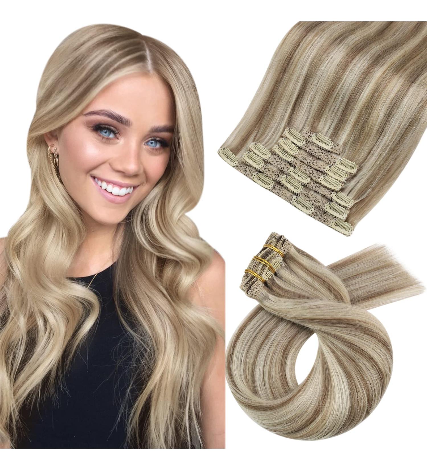 Moresoo Brown & Platinum Blonde Highlight Clip in Human Hair Extensions - 16 Inch, 7 Pieces, 120g - #9A/60 - Buy Online on GoSupps.com