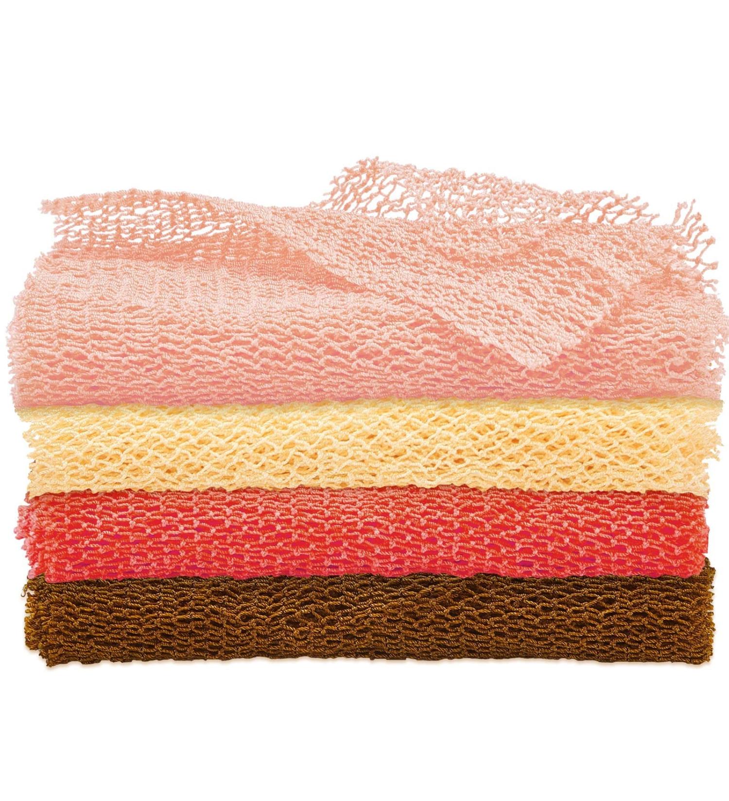 African Exfoliating Net Set - 4 Piece Long Bath Sponge Shower Scrubber for Daily Use - Skin Smoother - Orange/Brown/Cream/Peach - 25.6 x 7.9 inch - Buy Online on GoSupps.com