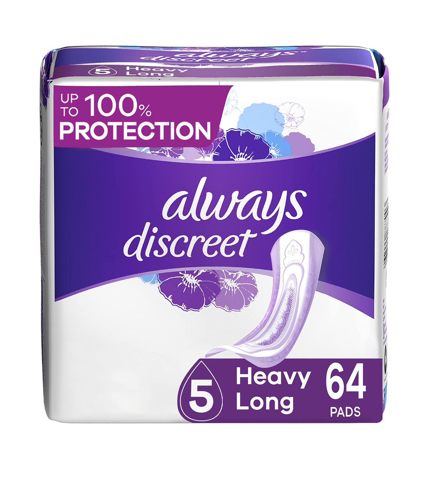 Always Discreet Incontinence & Postpartum Pads for Women Size 5 - 64 Count, Heavy Absorbency, Long Length - Buy Online on GoSupps.com