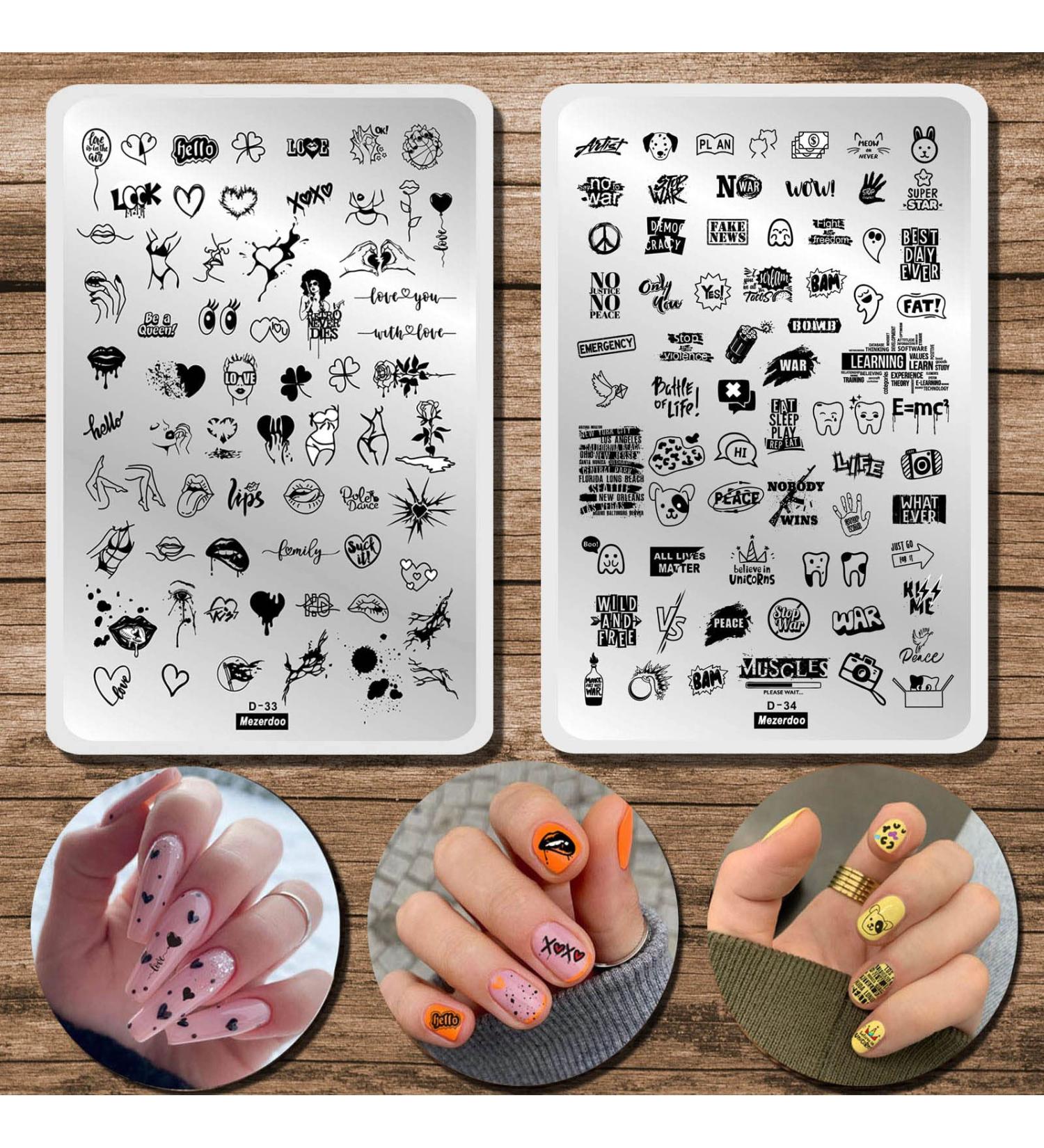 Nail Stamping Plates Heart Letter Nail Stamping Kit 2 Pcs Lips Graffiti Animals Patterns Design Nail Stamp Plate 14.5 * 9.5cm Stainless Steel Nail Art Templates DIY Nail Tools Nail Stamping D33-D34 - Buy Online on GoSupps.com