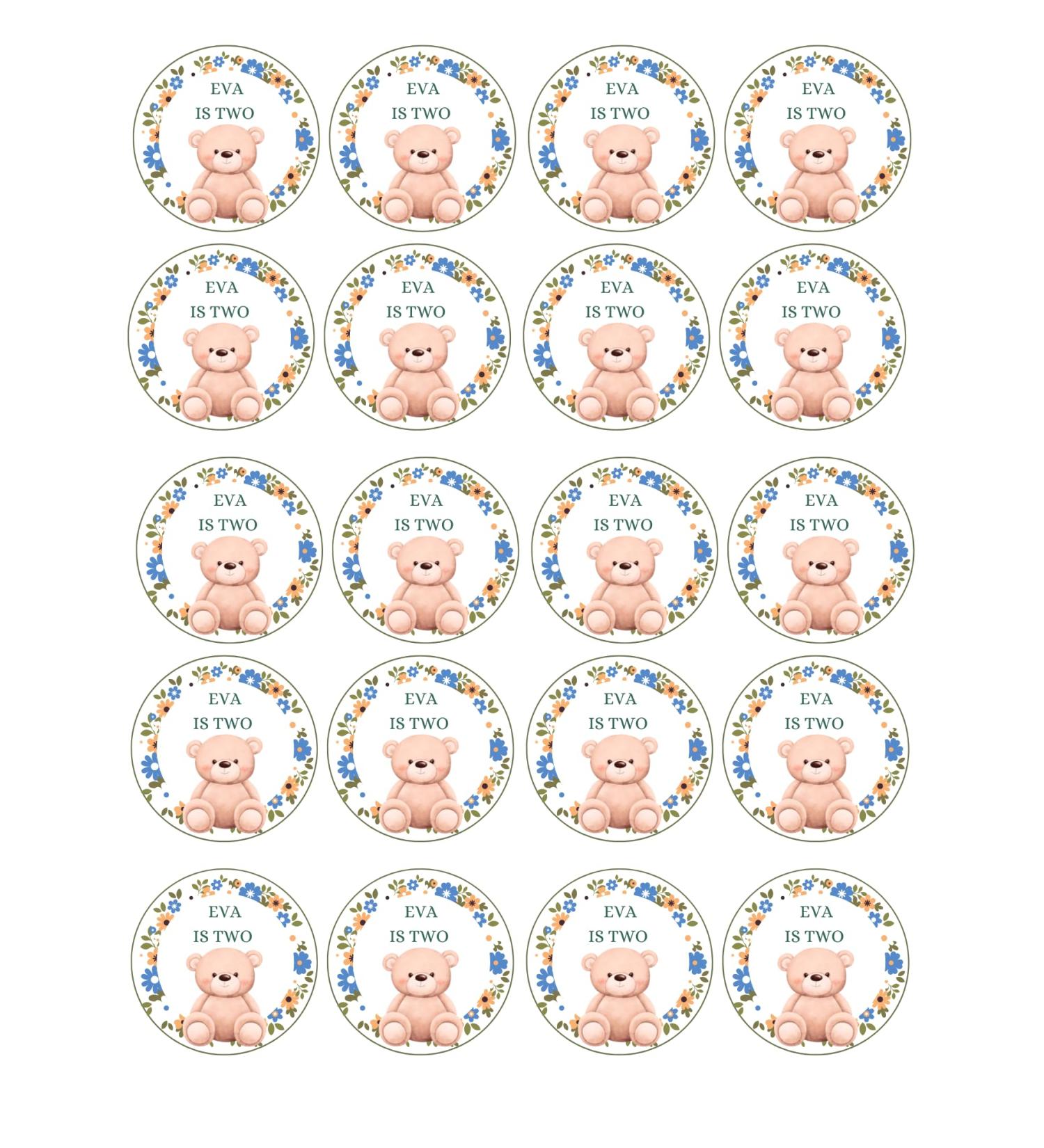 20 x EDIBLE Teddy Bear Personalised cupcake toppers wafer/icing uncut BIRTHDAY/BABY SHOWER/CHRISTENING/BAPTISM/ANY WORDING (icing paper)