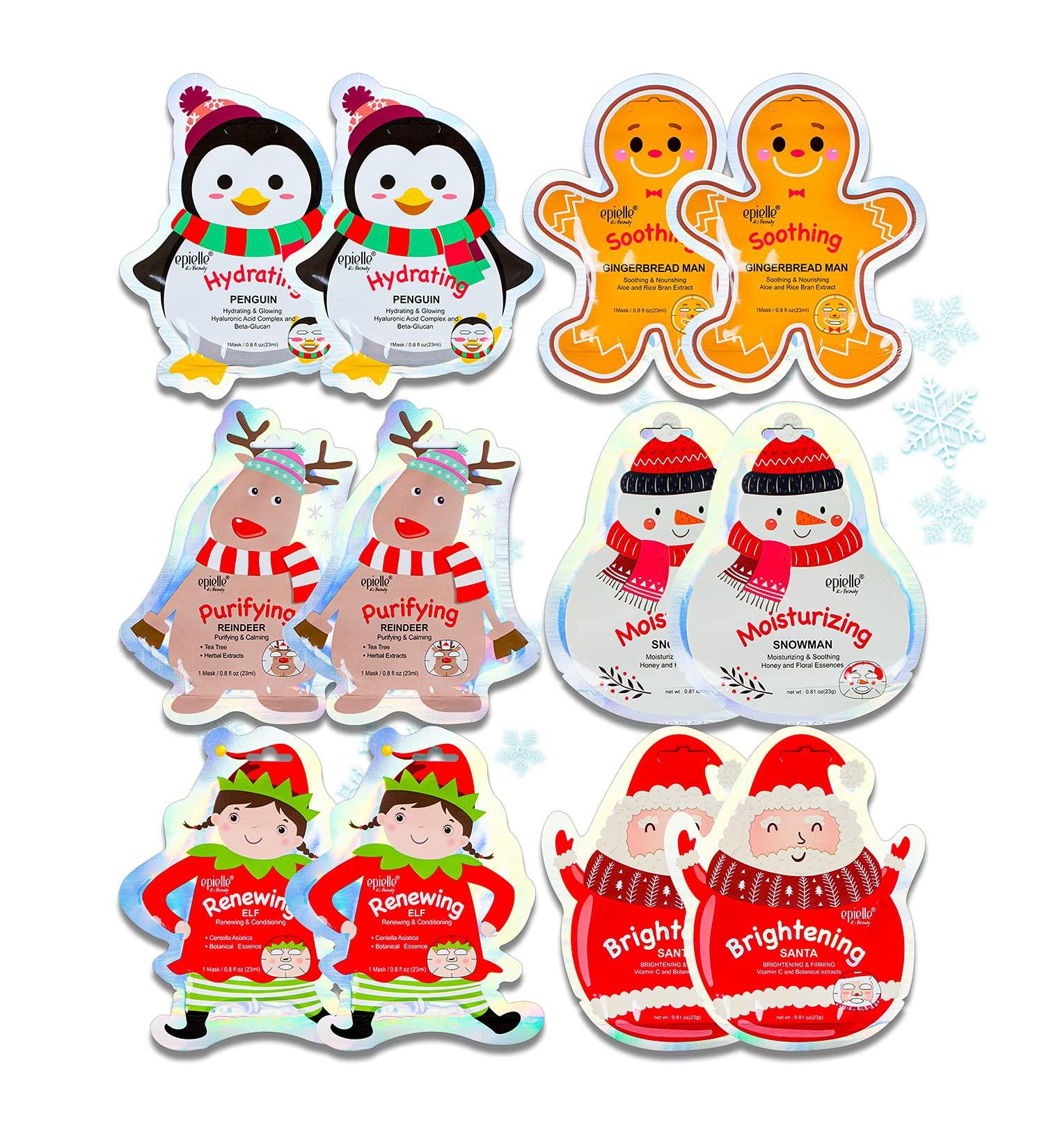 Epielle Christmas Character Sheet Mask Assortment - Santa Reindeer Snowman & More | Perfect Stocking Stuffers & Holiday Gift Ideas (12pk) - Birthday & Spa Treats for Kids - Buy Online on GoSupps.com