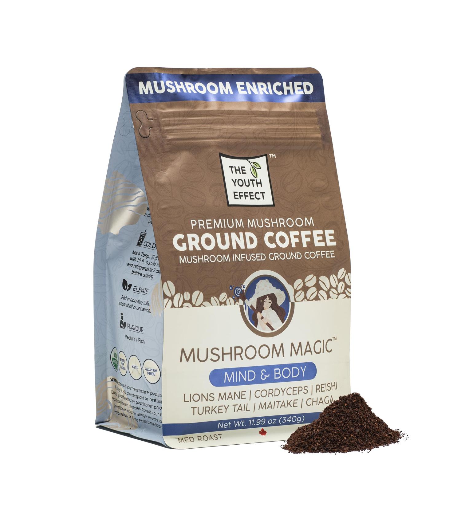 The Youth Effect Think Canadian Ground Mushroom Coffee for better Productivity w/ Organic Cordyceps | Lion's Mane | Reishi | Turkey Tail | Maitake | Chaga Mushrooms Nootropic Mushroom Coffee for better clarity and immune support (Made in Canada 12 oz bag) - Buy Online on GoSupps.com