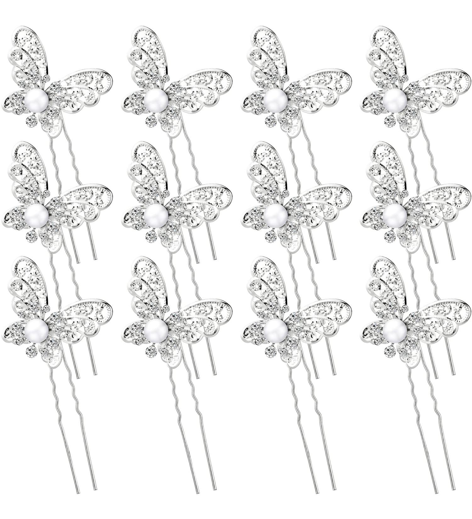 Charming Butterfly Hair Clips with Crystals and Pearls - Set of 12 for Bridal Wedding Hair Accessories - Buy Online on GoSupps.com
