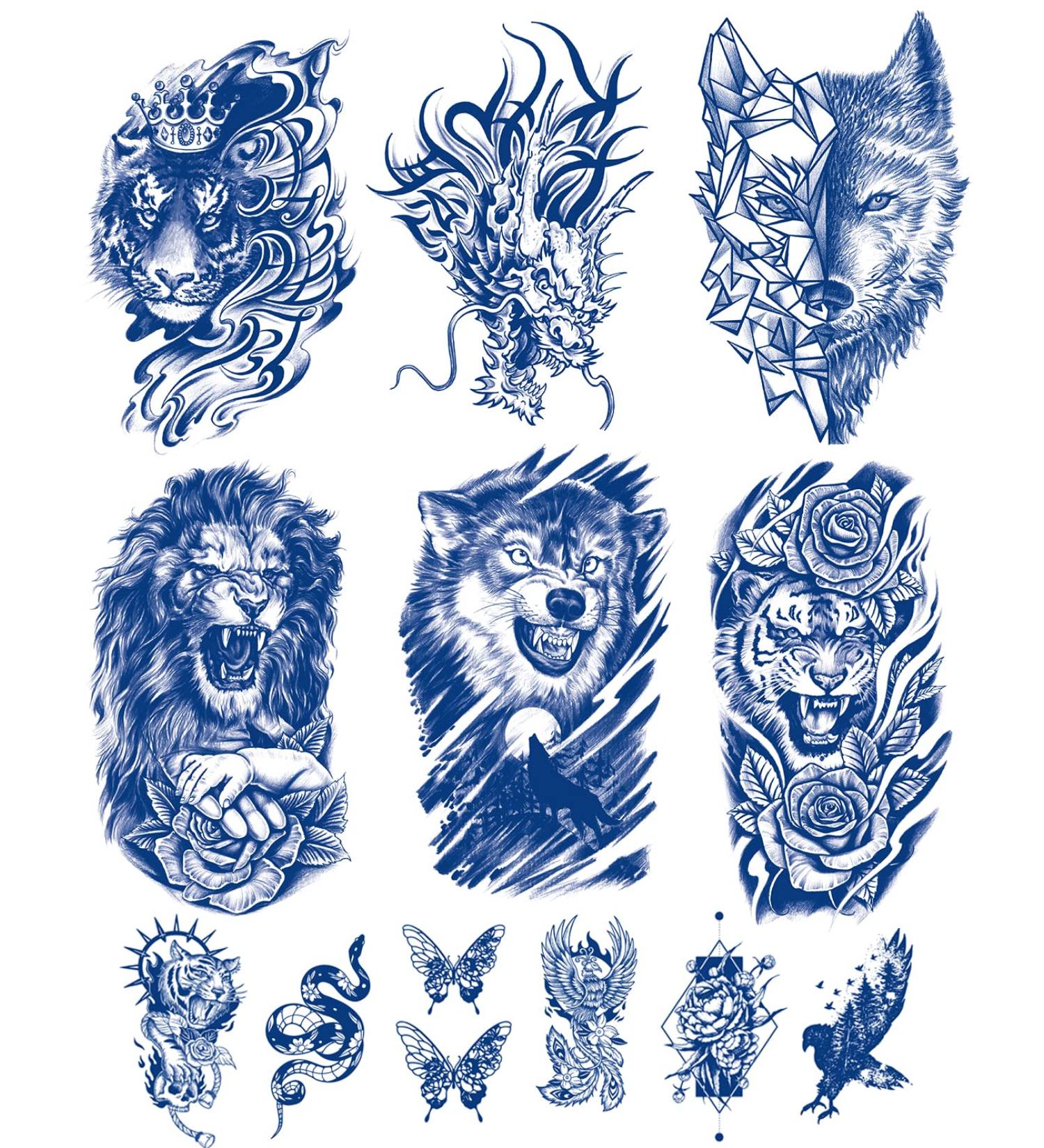 Semi-Permanent Waterproof Animal Temporary Tattoos - 12 Sheets with Wolf, Tiger, Lion, and Dragon Designs for Men, Women, and Kids - Buy Online on GoSupps.com